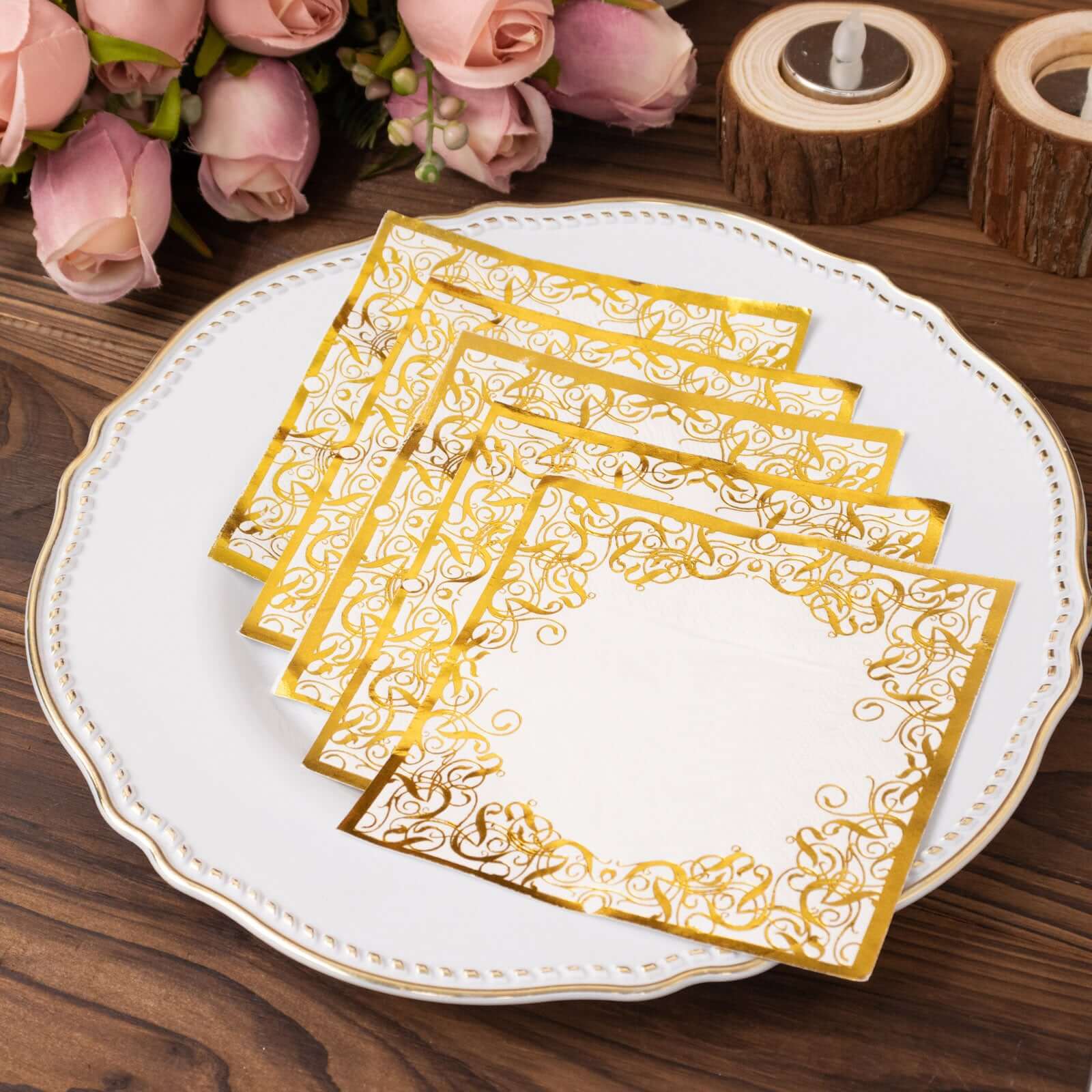 20-Pack Paper Beverage Napkins 3 Ply White with Gold Foil Lace Design 5"x5" - Soft European Style Wedding Napkins 18GSM - Image 4