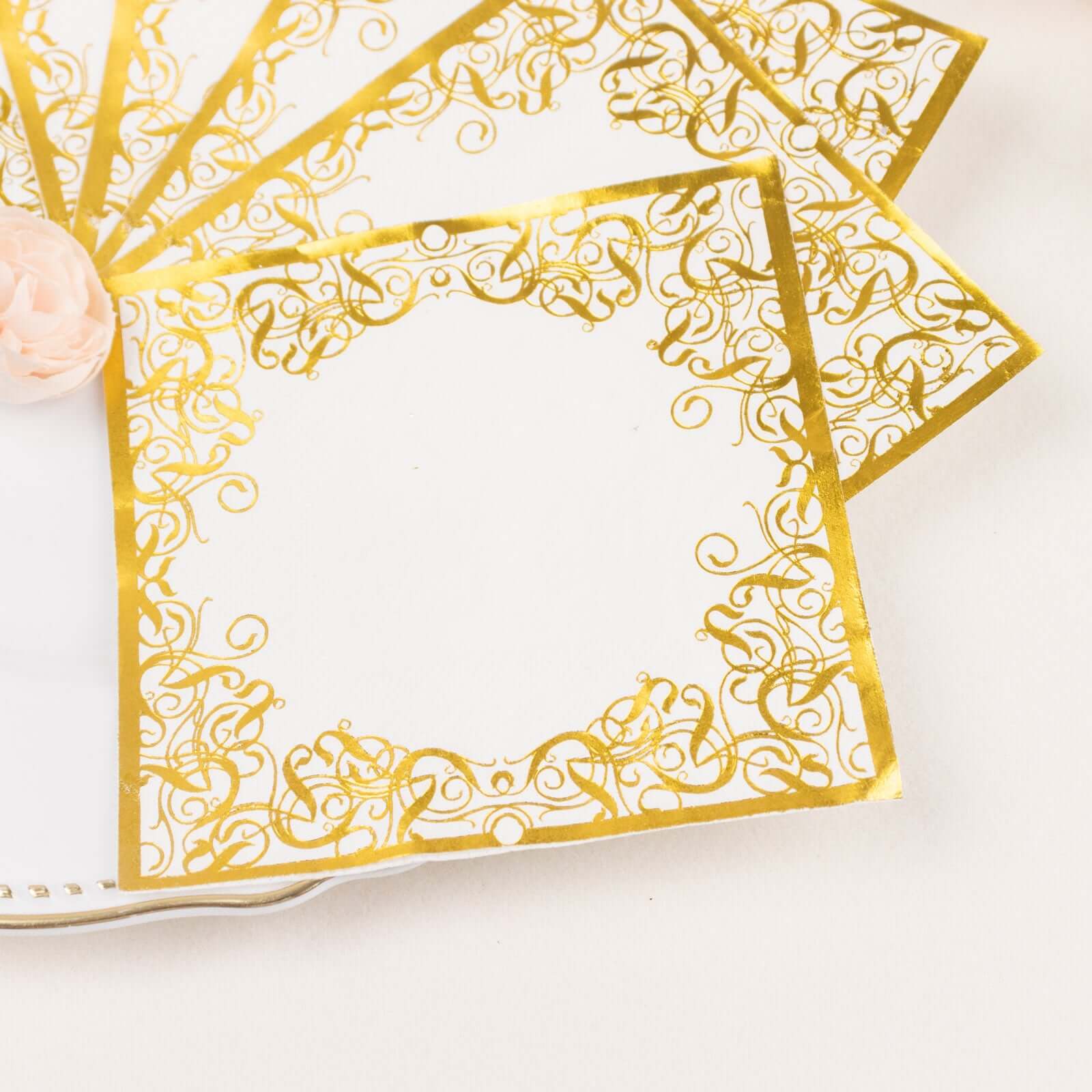 20-Pack Paper Beverage Napkins 3 Ply White with Gold Foil Lace Design 5"x5" - Soft European Style Wedding Napkins 18GSM - Image 5