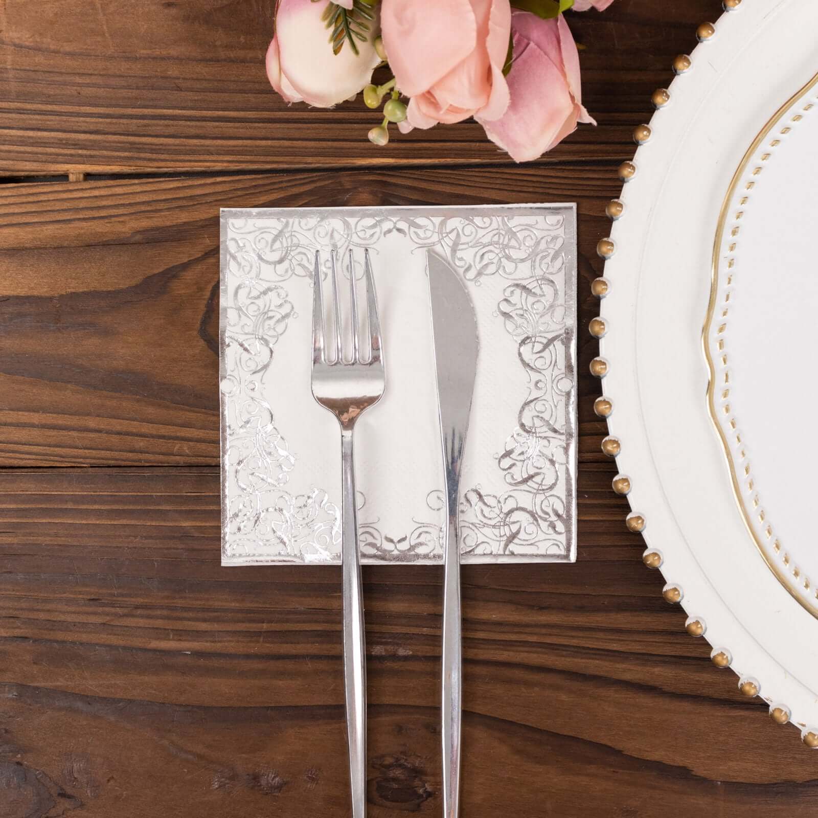 20-Pack Paper Beverage Napkins 3 Ply White with Silver Foil Lace Design 5"x5" - Soft European Style Wedding Napkins 18GSM - Image 11
