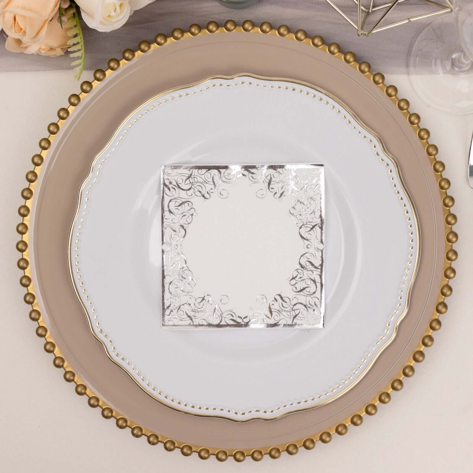 20-Pack Paper Beverage Napkins 3 Ply White with Silver Foil Lace Design 5"x5" - Soft European Style Wedding Napkins 18GSM - Image 14