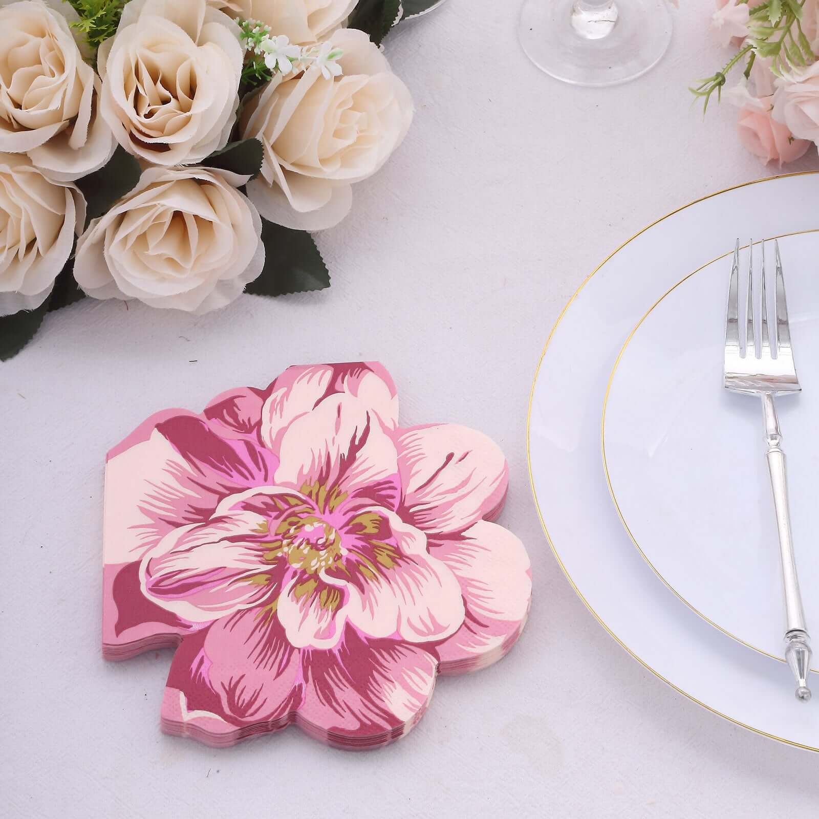 20-Pack Paper Cocktail Napkins 2 Ply Pink Peony Flower Shaped - Disposable Beverage Napkins for Wedding Showers - Image 4