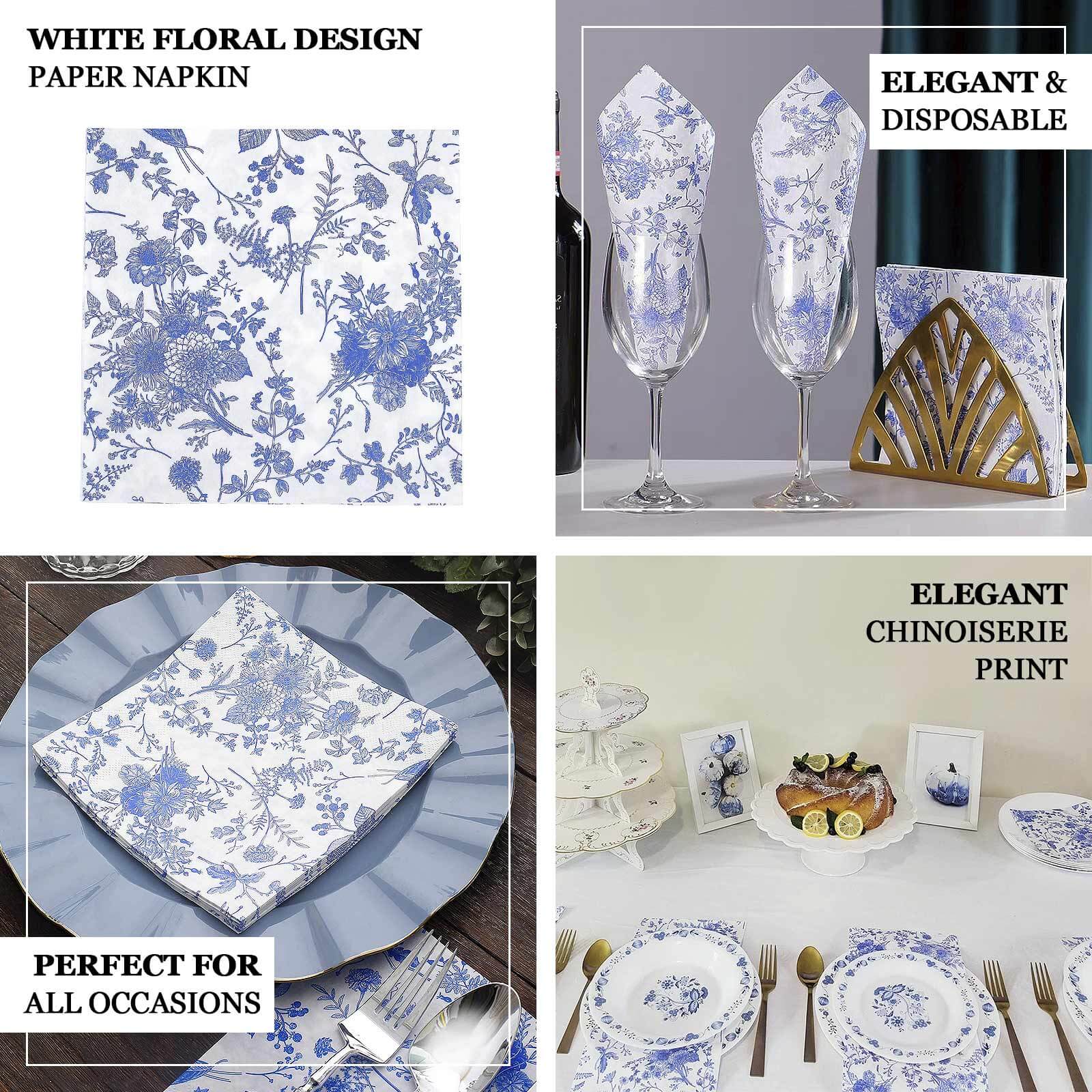 20-Pack Paper Cocktail Napkins 2 Ply White/Blue with French Toile Print 6.5"x6.5" - Soft and Absorbent Disposable Napkins - Image 4