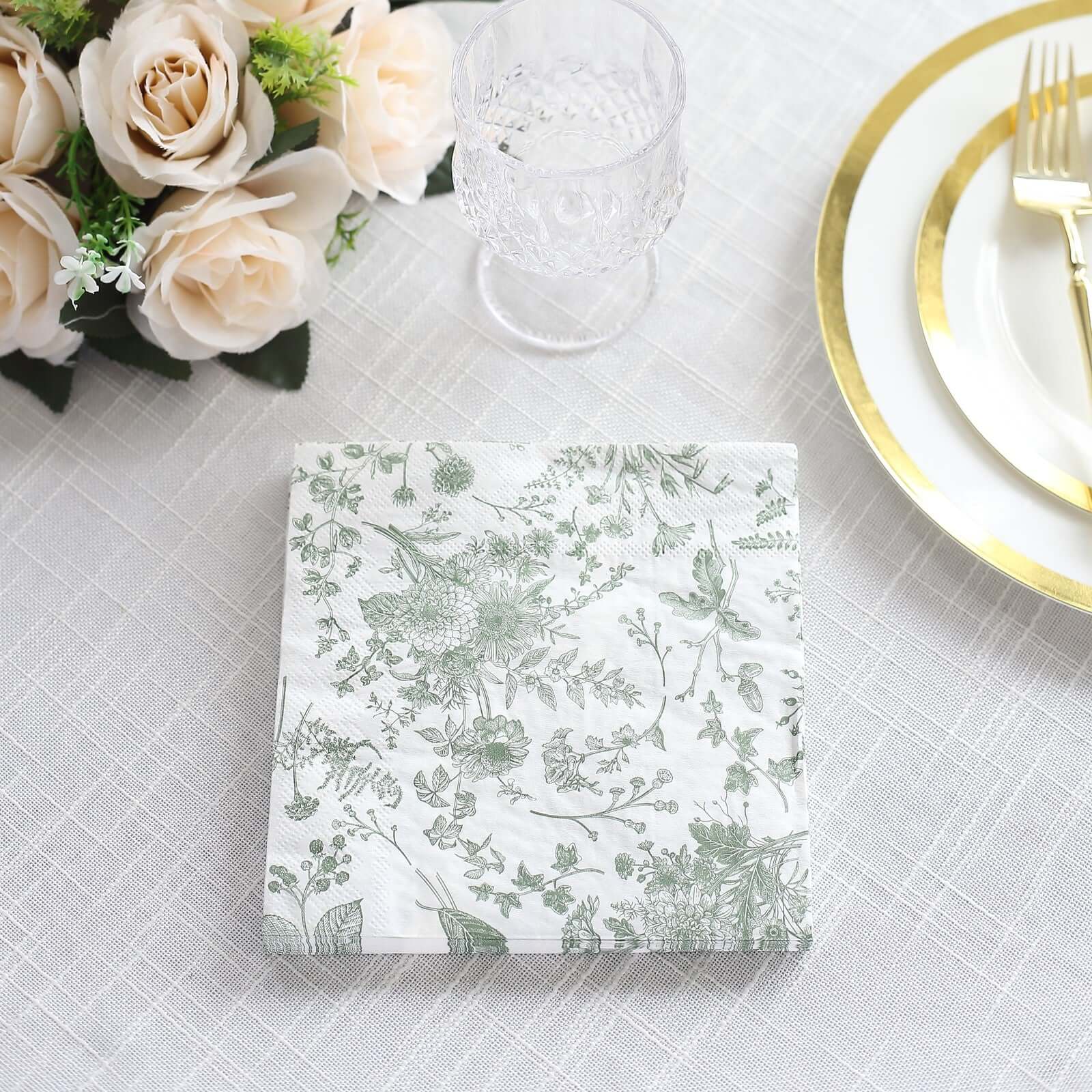 20-Pack Paper Cocktail Napkins 2 Ply White/Sage Green with French Toile Print 6.5"x6.5" - Soft and Absorbent Disposable Napkins - Image 4