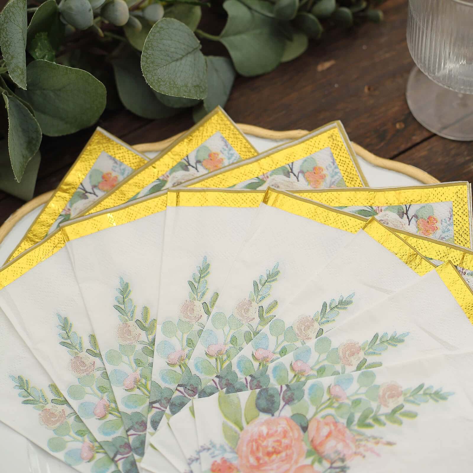 20-Pack Paper Cocktail Napkins 2 Ply White with Pink Peony Floral Design and Gold Trim - Soft Wedding Beverage Napkins 18GSM - Image 13