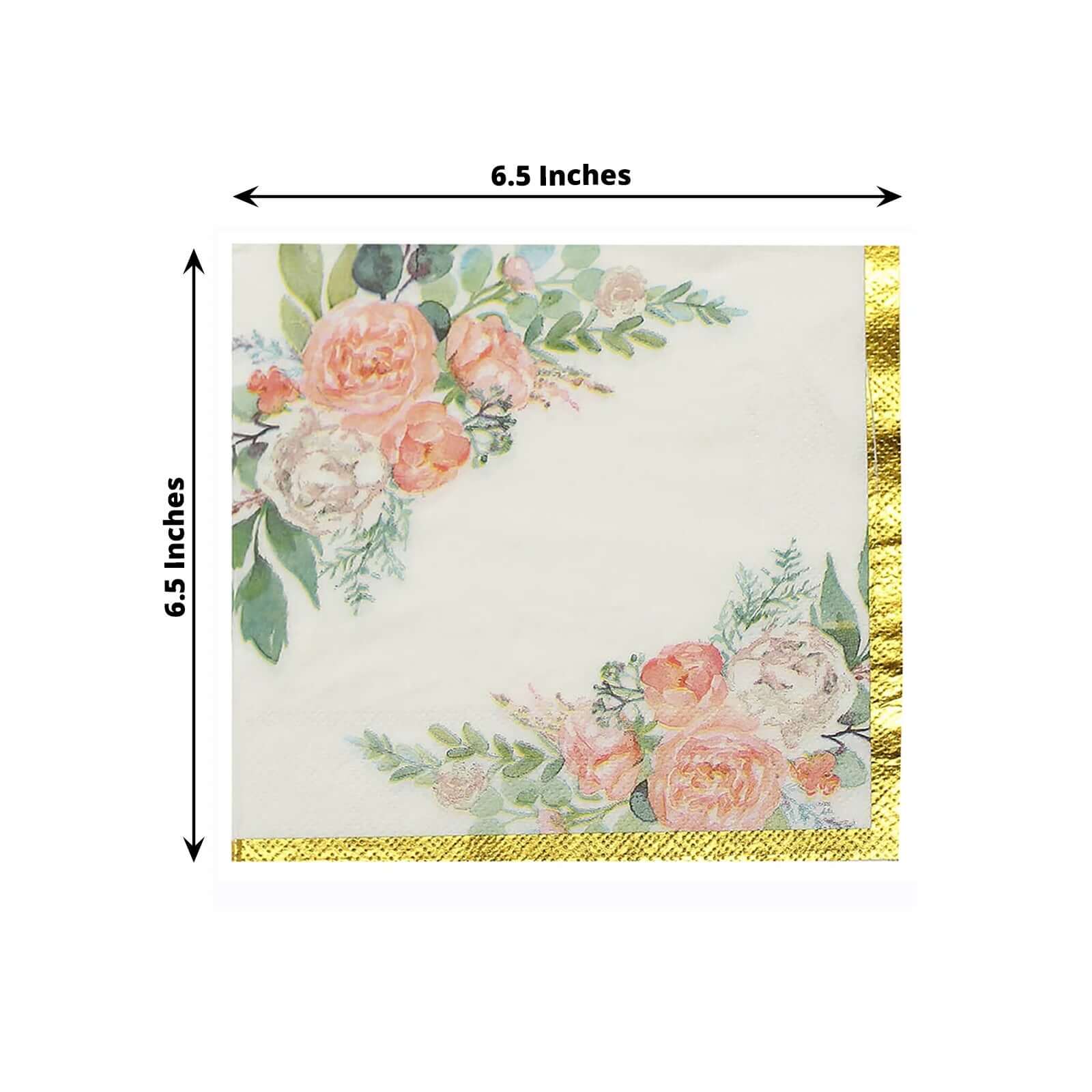 20-Pack Paper Cocktail Napkins 2 Ply White with Pink Peony Floral Design and Gold Trim - Soft Wedding Beverage Napkins 18GSM - Image 3