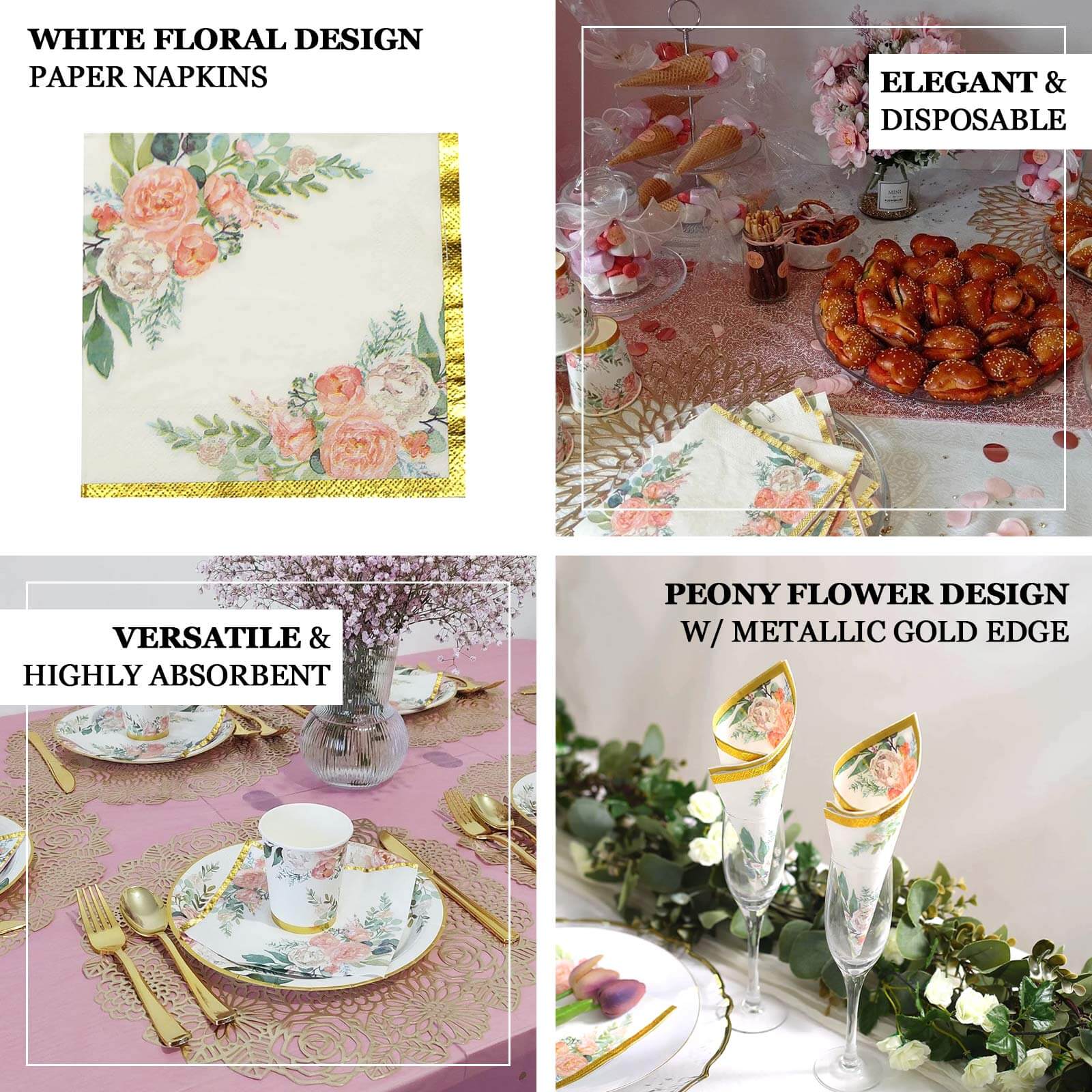 20-Pack Paper Cocktail Napkins 2 Ply White with Pink Peony Floral Design and Gold Trim - Soft Wedding Beverage Napkins 18GSM - Image 4