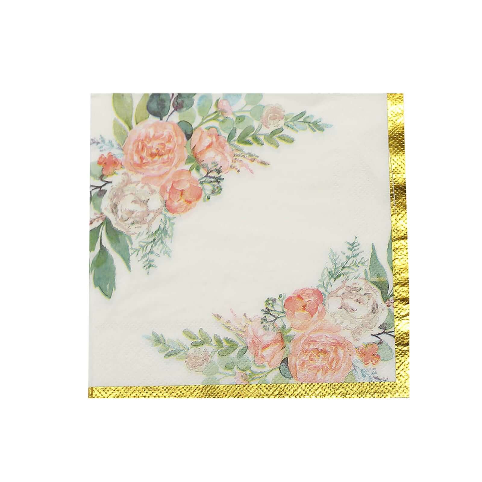 20-Pack Paper Cocktail Napkins 2 Ply White with Pink Peony Floral Design and Gold Trim - Soft Wedding Beverage Napkins 18GSM - Image 7