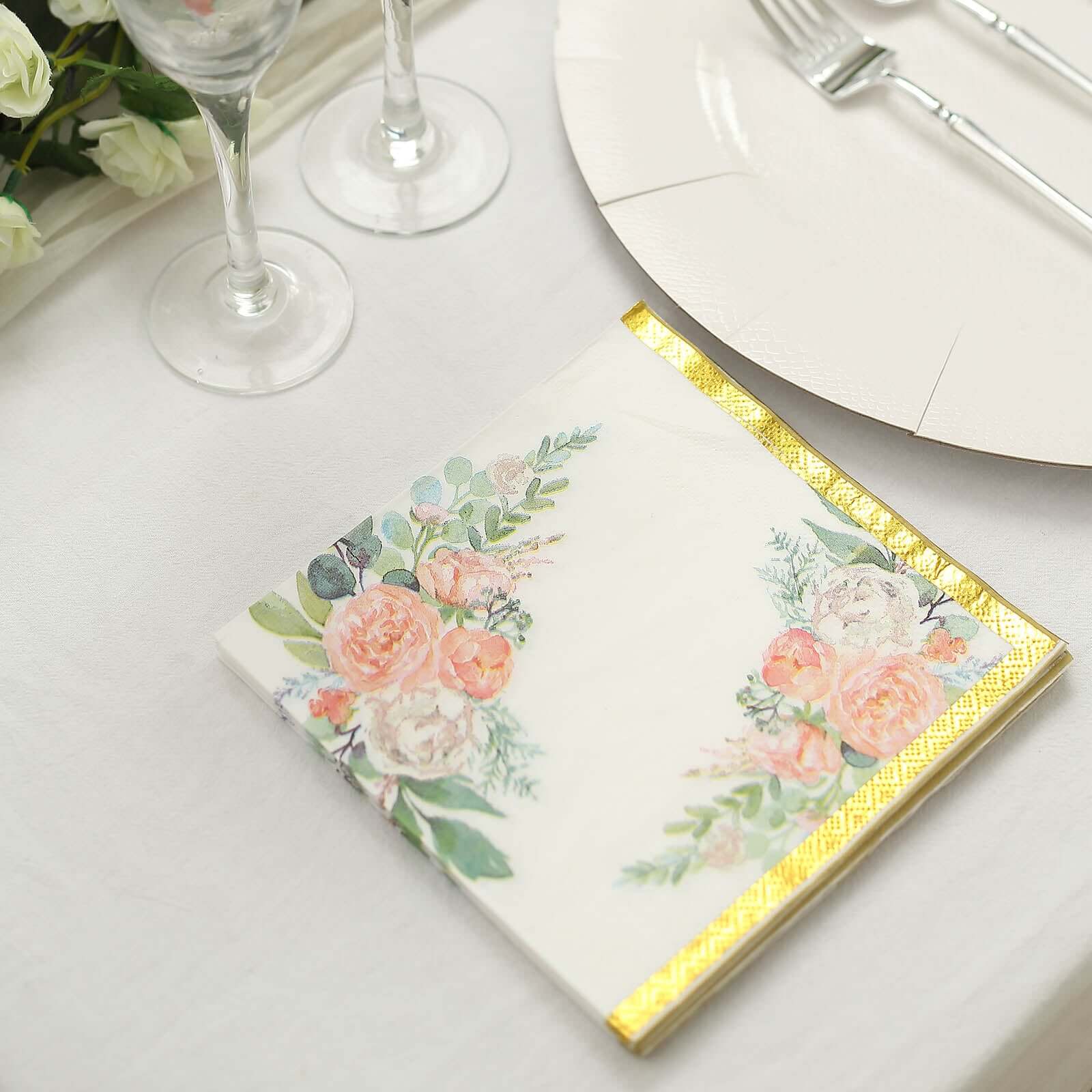 20-Pack Paper Cocktail Napkins 2 Ply White with Pink Peony Floral Design and Gold Trim - Soft Wedding Beverage Napkins 18GSM - Image 8