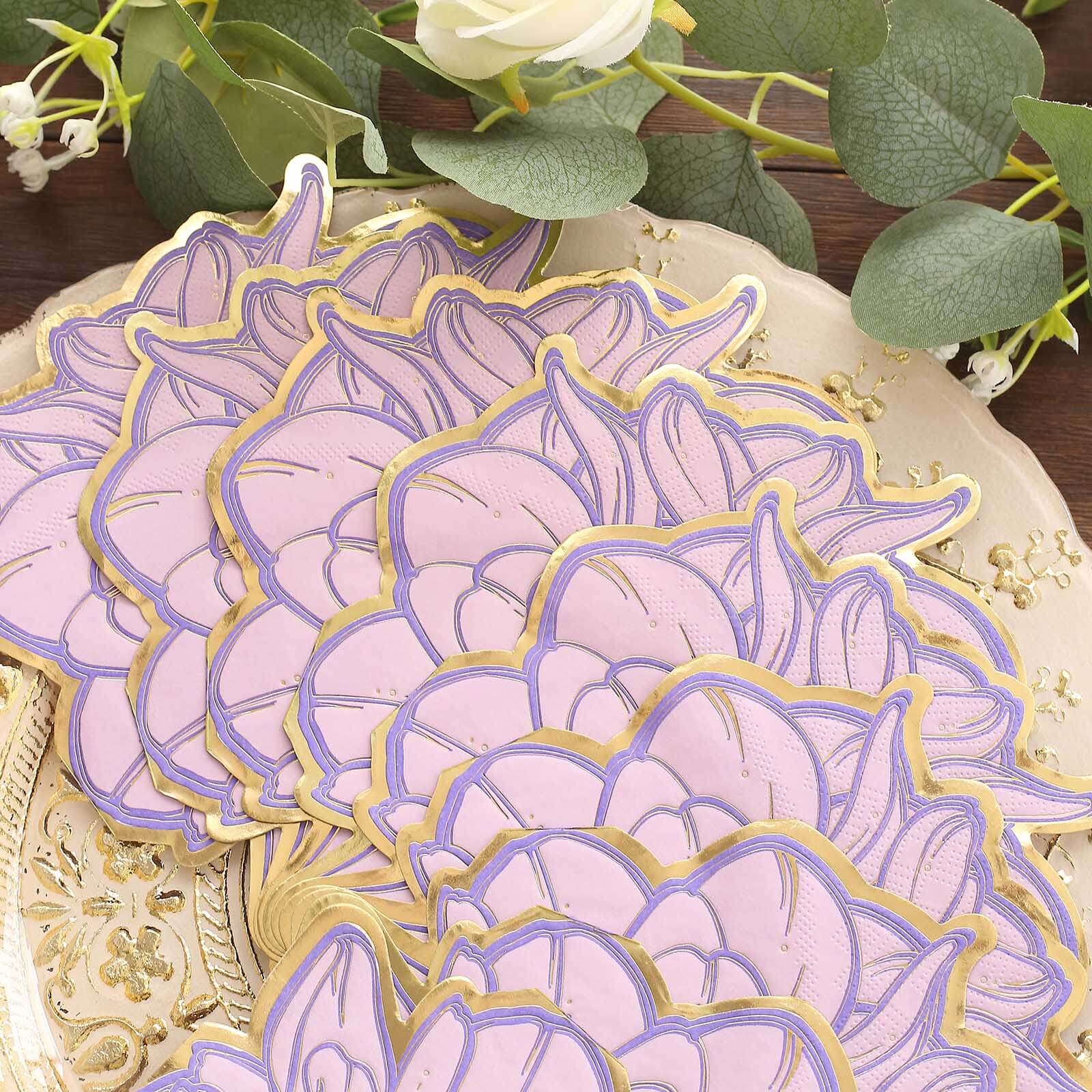 20-Pack Paper Cocktail Napkins Purple Peony Flower Shaped with Gold Edges - Disposable Beverage Napkins for Parties - Image 2