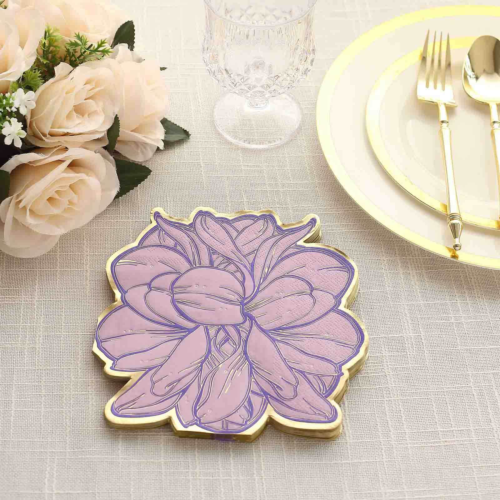 20-Pack Paper Cocktail Napkins Purple Peony Flower Shaped with Gold Edges - Disposable Beverage Napkins for Parties - Image 5
