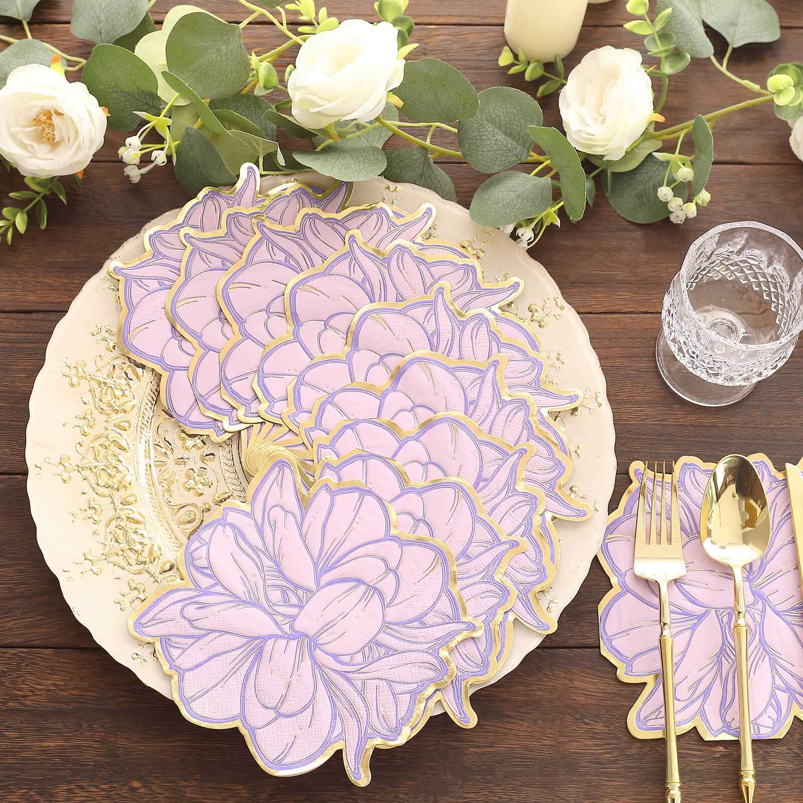 20-Pack Paper Cocktail Napkins Purple Peony Flower Shaped with Gold Edges - Disposable Beverage Napkins for Parties - Image 6