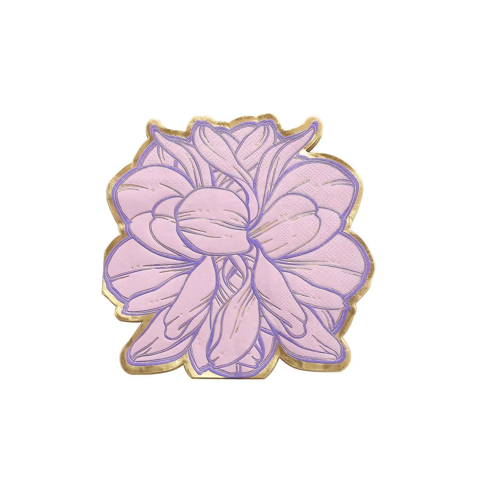 20-Pack Paper Cocktail Napkins Purple Peony Flower Shaped with Gold Edges - Disposable Beverage Napkins for Parties - Image 7