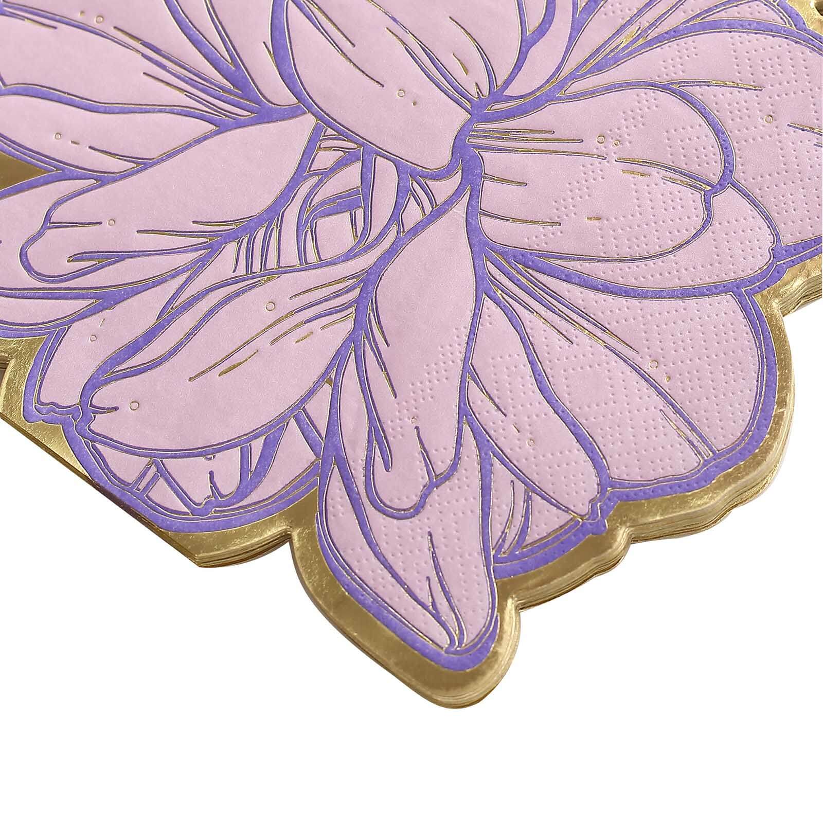 20-Pack Paper Cocktail Napkins Purple Peony Flower Shaped with Gold Edges - Disposable Beverage Napkins for Parties - Image 8