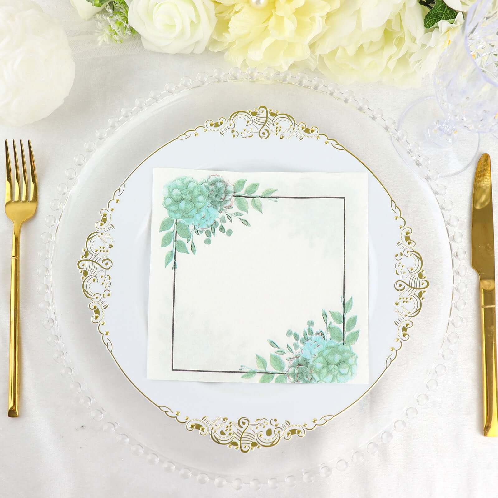 20-Pack Paper Dinner Napkins 2 Ply White/Green with Floral Design 6.5"x6.5" - Disposable Beverage Napkins for Parties - Image 2