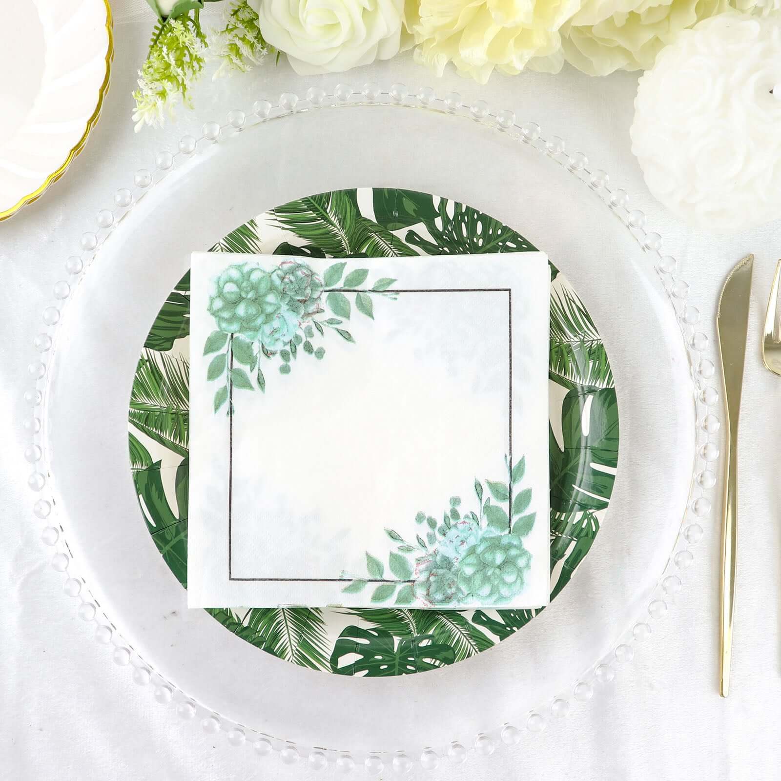 20-Pack Paper Dinner Napkins 2 Ply White/Green with Floral Design 6.5"x6.5" - Disposable Beverage Napkins for Parties - Image 6