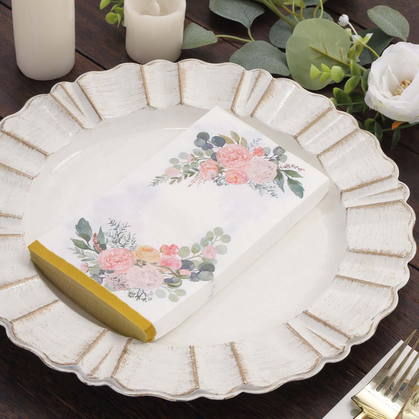20-Pack Paper Dinner Napkins 2-Ply White with Pink Peony Flowers Print and Gold Edge - Soft and Absorbent Party Napkins - Image 2