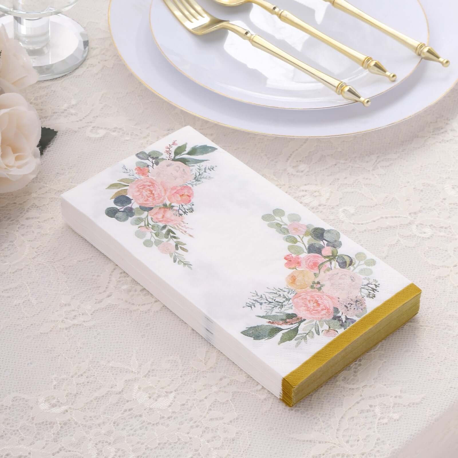 20-Pack Paper Dinner Napkins 2-Ply White with Pink Peony Flowers Print and Gold Edge - Soft and Absorbent Party Napkins - Image 4