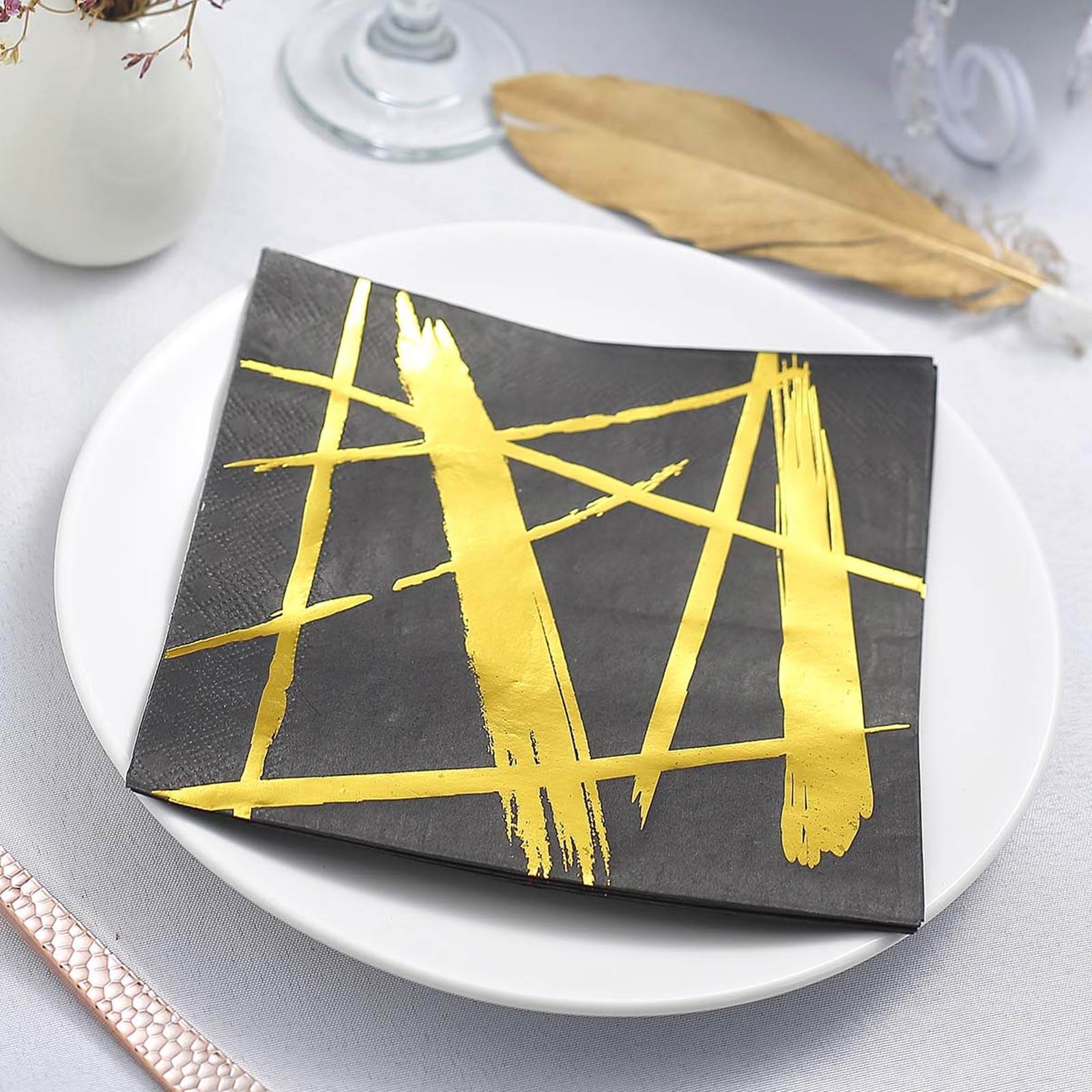 20-Pack Paper Dinner Napkins 3 Ply Metallic Gold Streak Design on Black - Disposable Wedding Cocktail Napkins