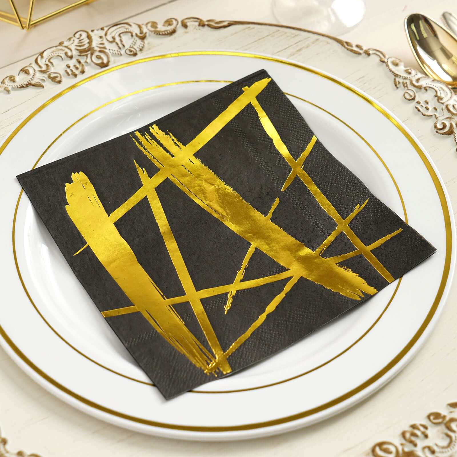 20-Pack Paper Dinner Napkins 3 Ply Metallic Gold Streak Design on Black - Disposable Wedding Cocktail Napkins - Image 13