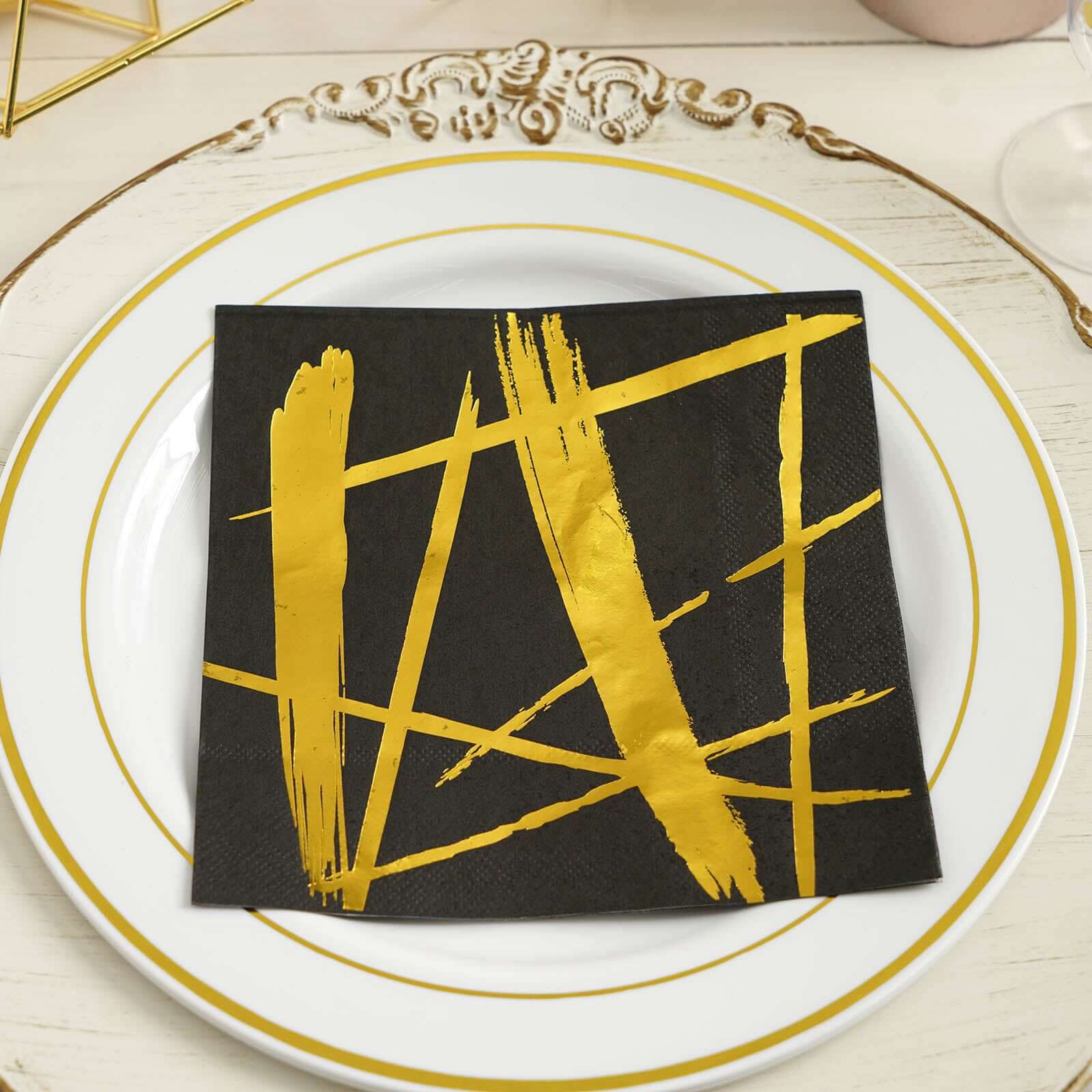 20-Pack Paper Dinner Napkins 3 Ply Metallic Gold Streak Design on Black - Disposable Wedding Cocktail Napkins - Image 14