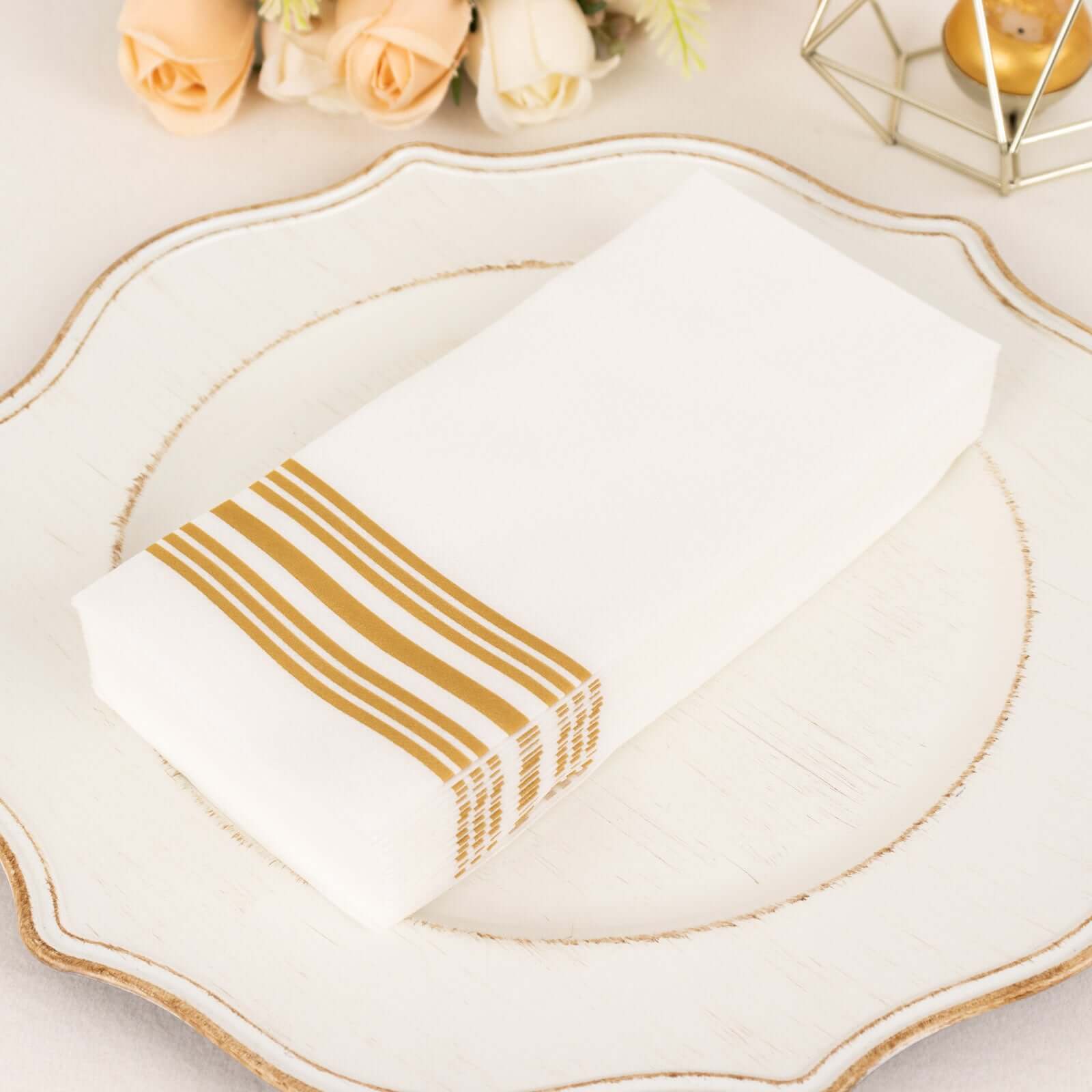20 Pack Linen-Like Paper Napkins 8"x4" White With Gold Lines - Soft Hygienic Airlaid Guest Towels for Formal & Casual Dining - Image 2