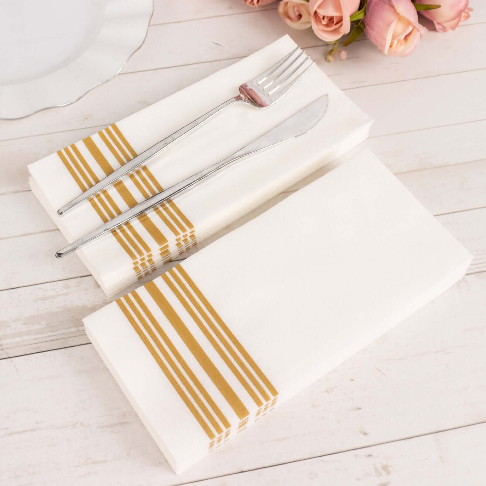 20 Pack Linen-Like Paper Napkins 8"x4" White With Gold Lines - Soft Hygienic Airlaid Guest Towels for Formal & Casual Dining - Image 6