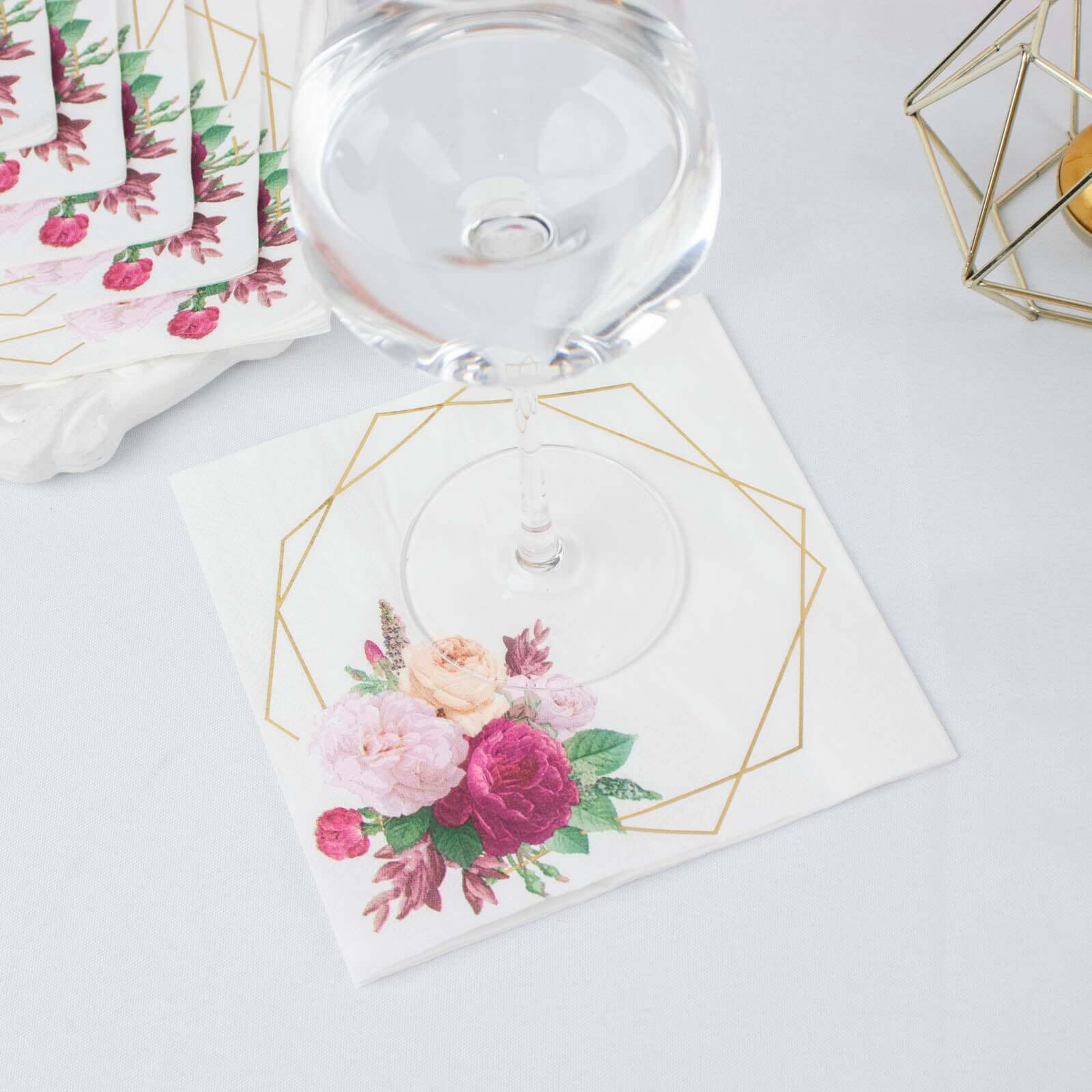 20-Pack Paper Napkins 6.5" White with Gold Hexagon Frame & Floral Print - Soft 2 Ply Disposable Cocktail Napkins for Weddings & Parties