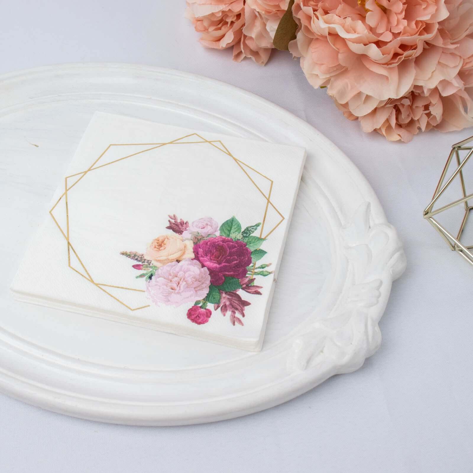 20-Pack Paper Napkins 6.5" White with Gold Hexagon Frame & Floral Print - Soft 2 Ply Disposable Cocktail Napkins for Weddings & Parties - Image 5