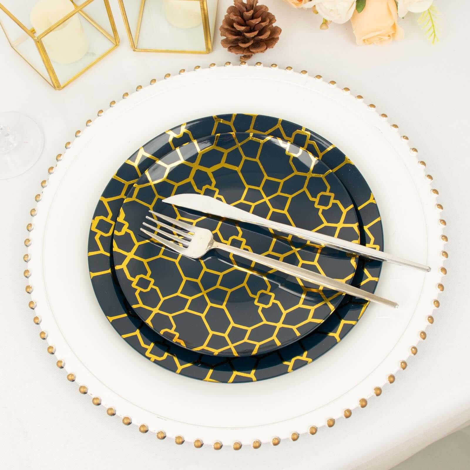 20-Pack Set Plastic Round Dinner and Salad Plates 9", 7" Navy Blue with Geometric Gold Print - Stylish Disposable Dinnerware Set for Festive Occasions - Image 11