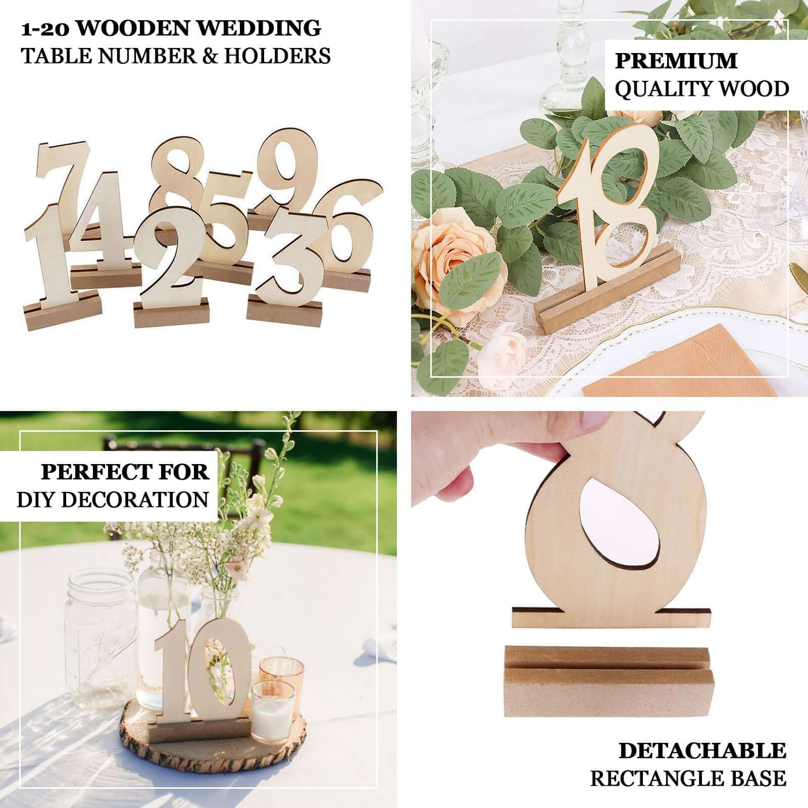 20-Pack Wooden Wedding Table Numbers 1-20 Natural with Holder Base 6" - Durable Rustic Event Decor - Image 4