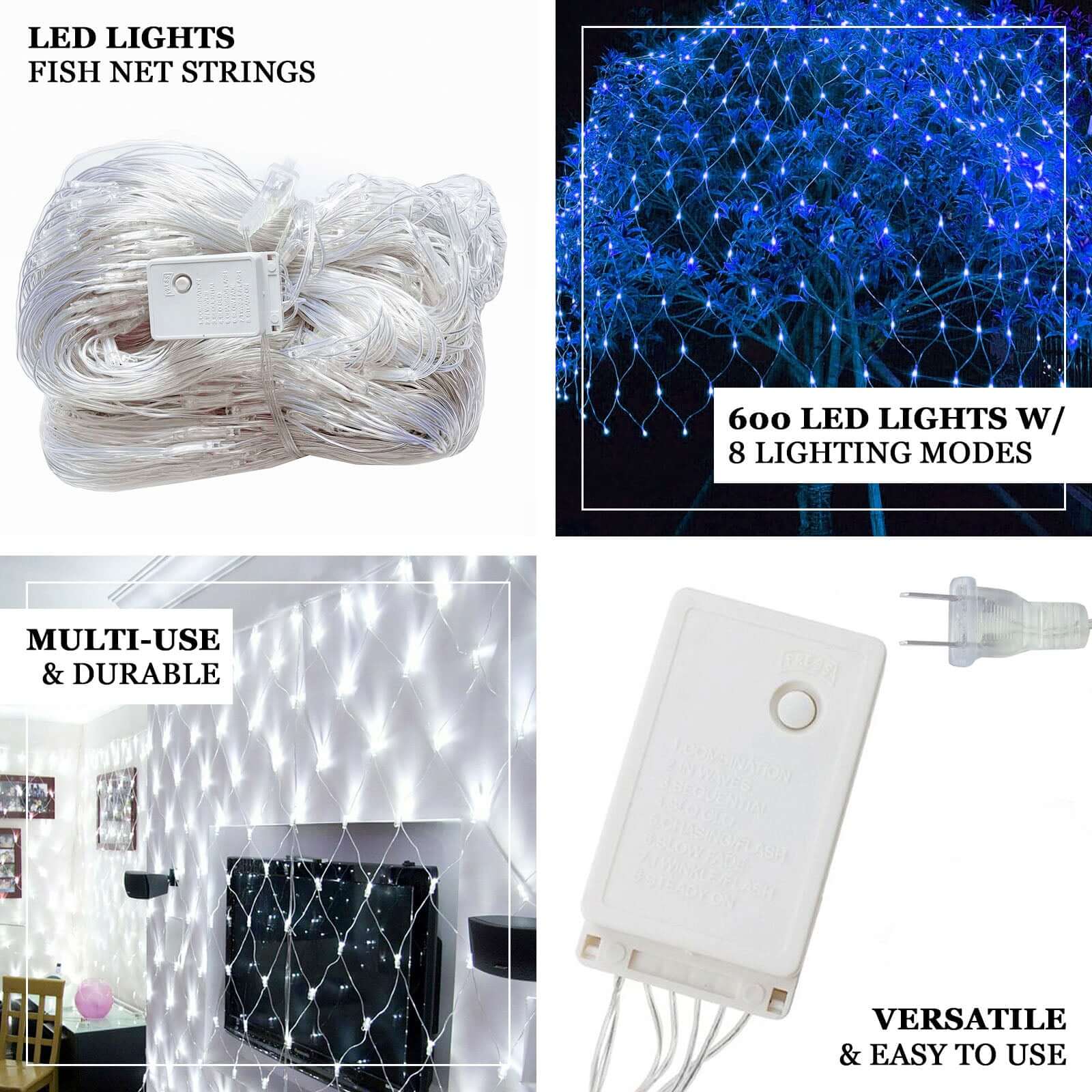 White 600 LED Fish Net Lights, Fairy String Lights With 8 Modes 20ftx10ft - Image 4