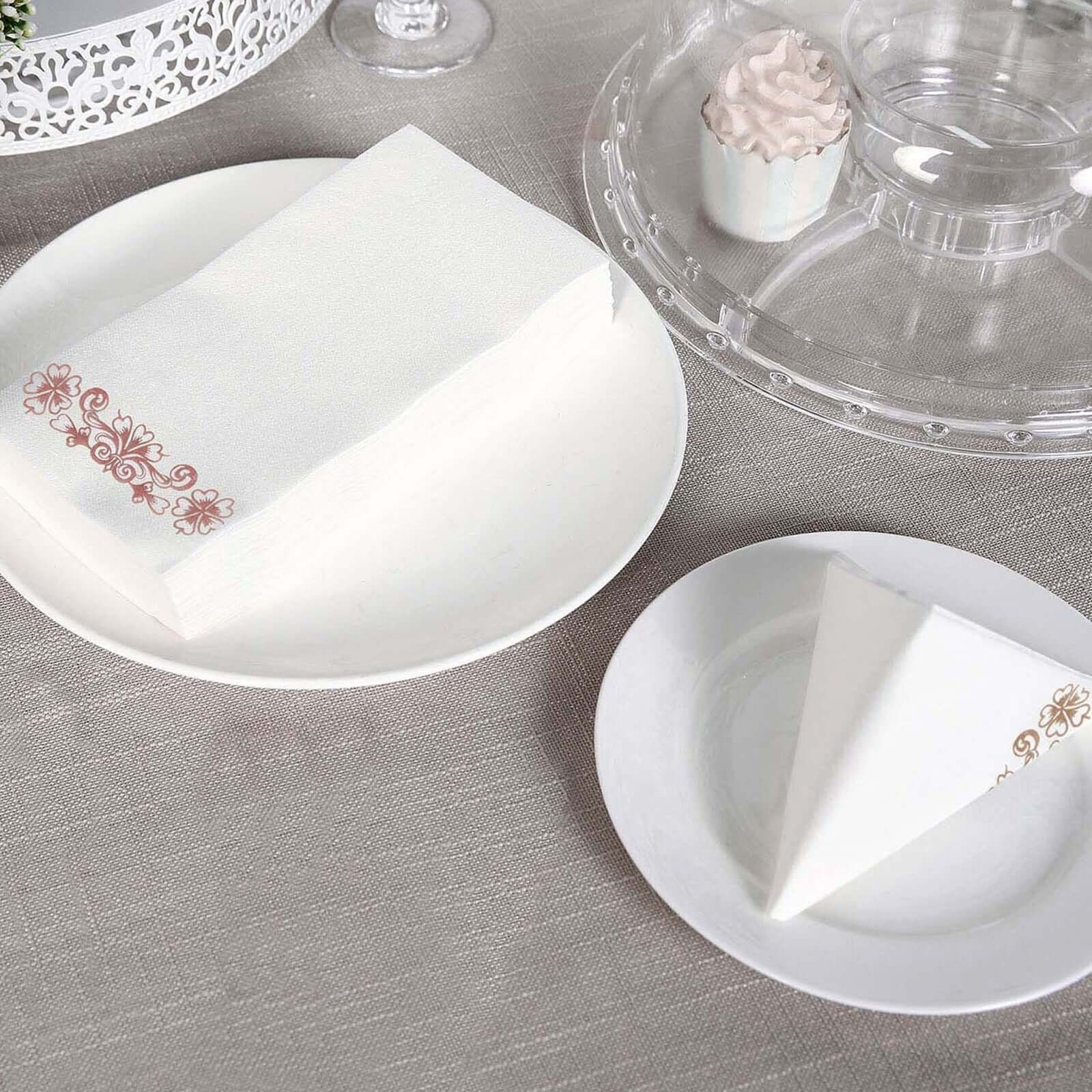 20 Pack White Linen-Feel Paper Napkins with Rose Gold Floral Print, Premium Cloth-Like Airlaid Dinner Napkins, Disposable Soft and Absorbent Guest Towels - Image 2