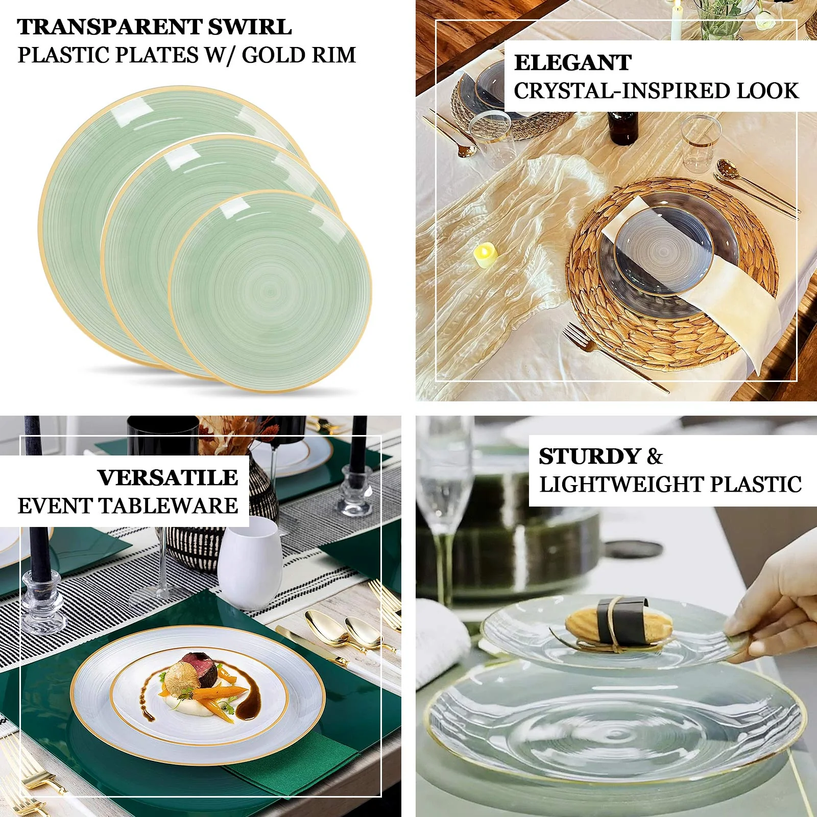 20 Pack Economy Plastic Charger Plates 13" – Transparent Dusty Blue Swirl Design with Gold Rim, Stylish Table Chargers - Image 4