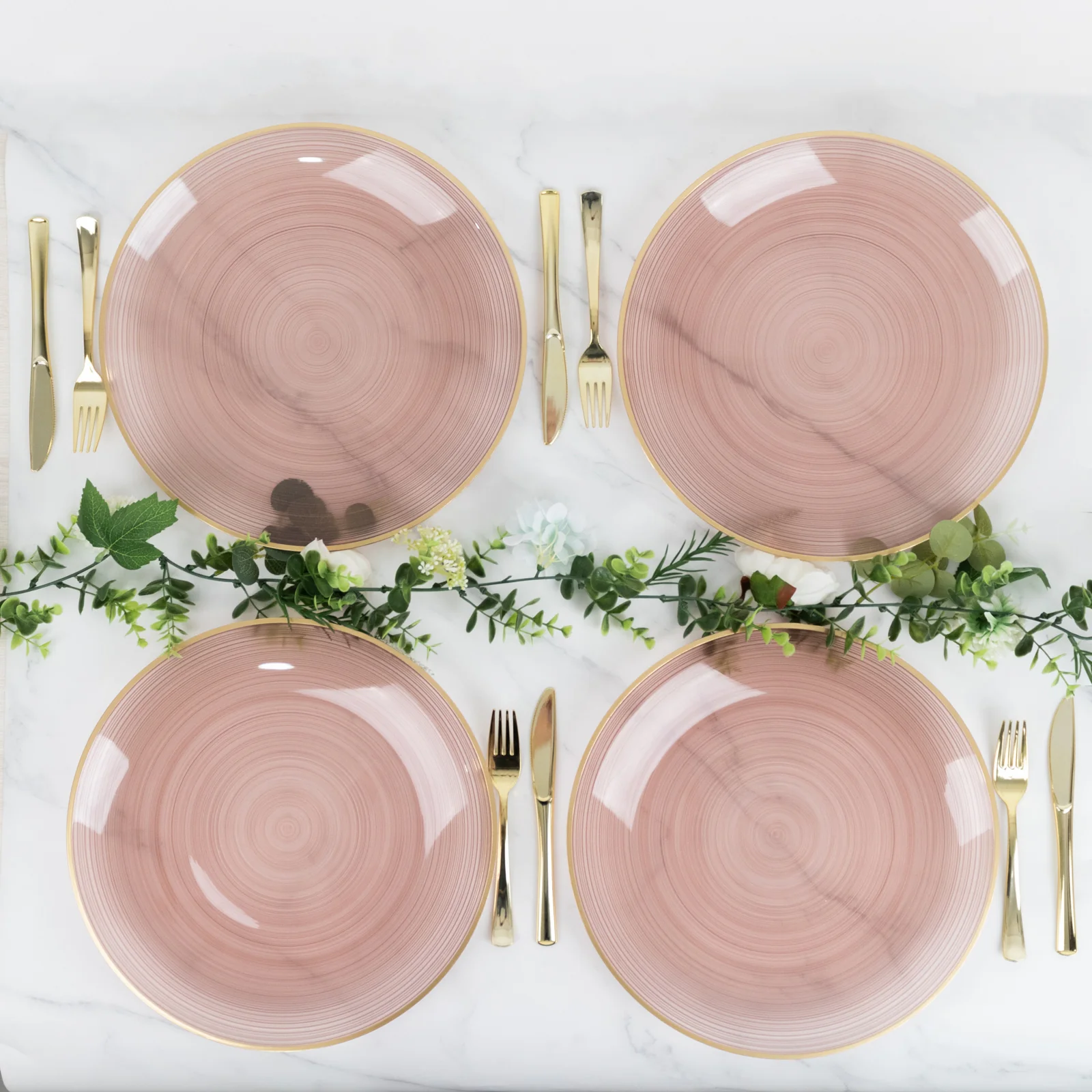 20 Pack Economy Plastic Charger Plates 13" – Transparent Dusty Rose Swirl Design with Gold Rim, Stylish Table Chargers - Image 6