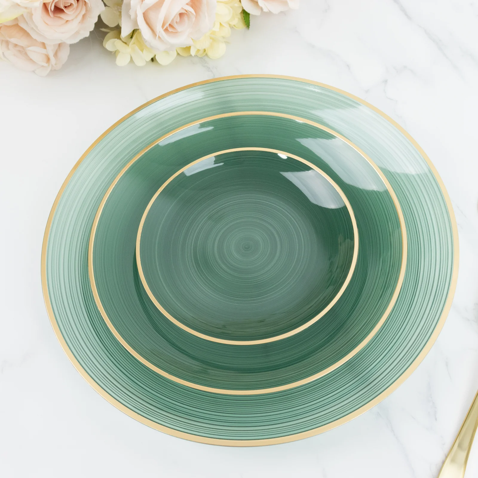 20 Pack Economy Plastic Charger Plates 13" – Transparent Dusty Sage Green Swirl Design with Gold Rim, Stylish Table Chargers - Image 7