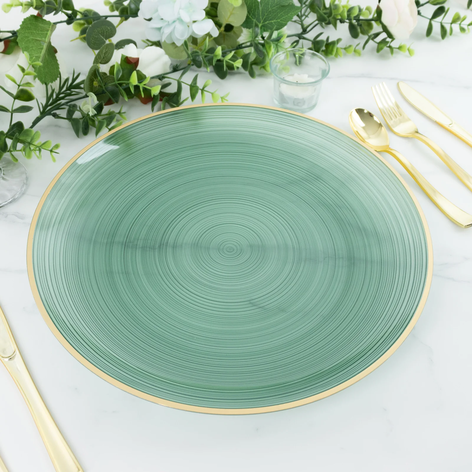 20 Pack Economy Plastic Charger Plates 13" – Transparent Dusty Sage Green Swirl Design with Gold Rim, Stylish Table Chargers - Image 8