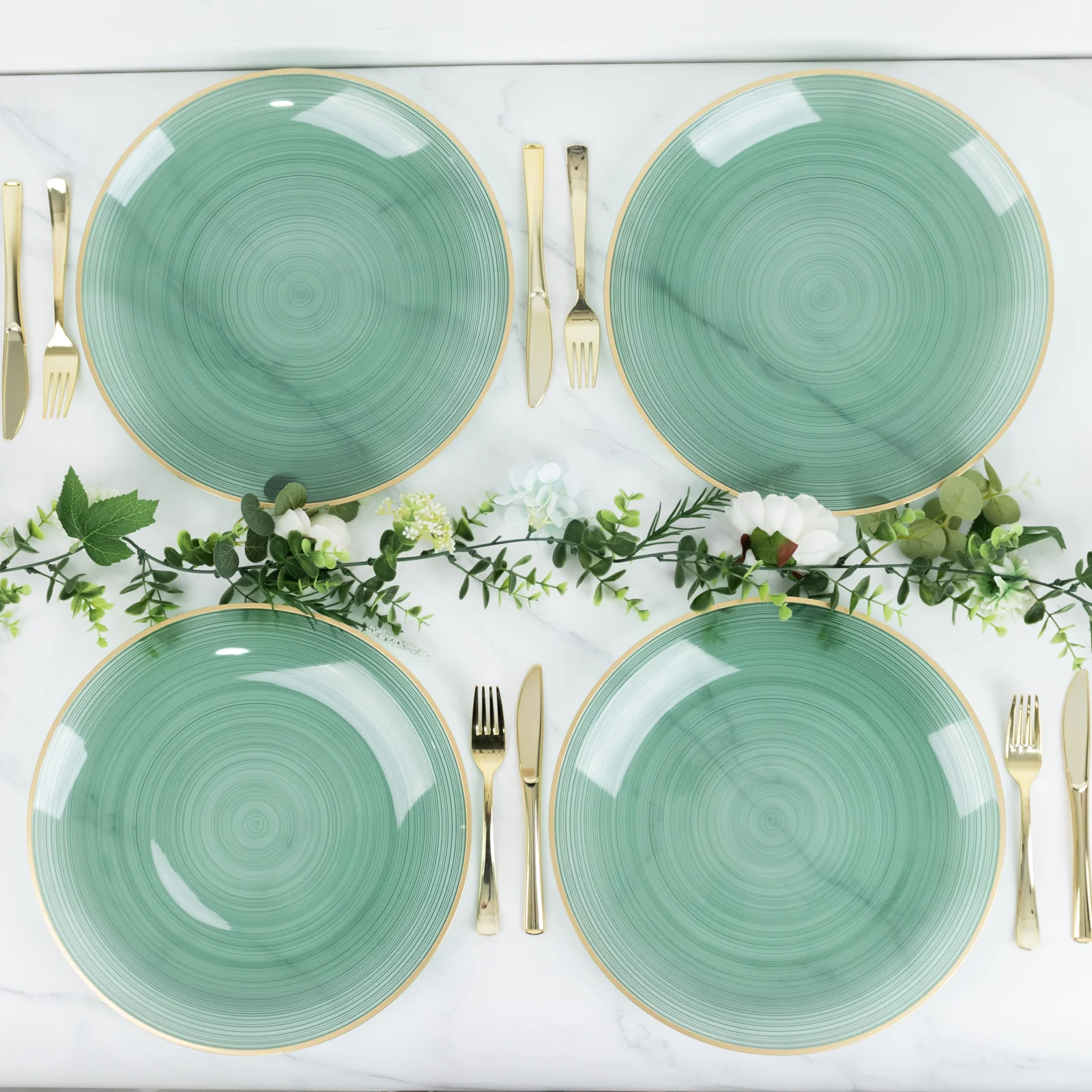 20 Pack Economy Plastic Charger Plates 13" – Transparent Dusty Sage Green Swirl Design with Gold Rim, Stylish Table Chargers - Image 9