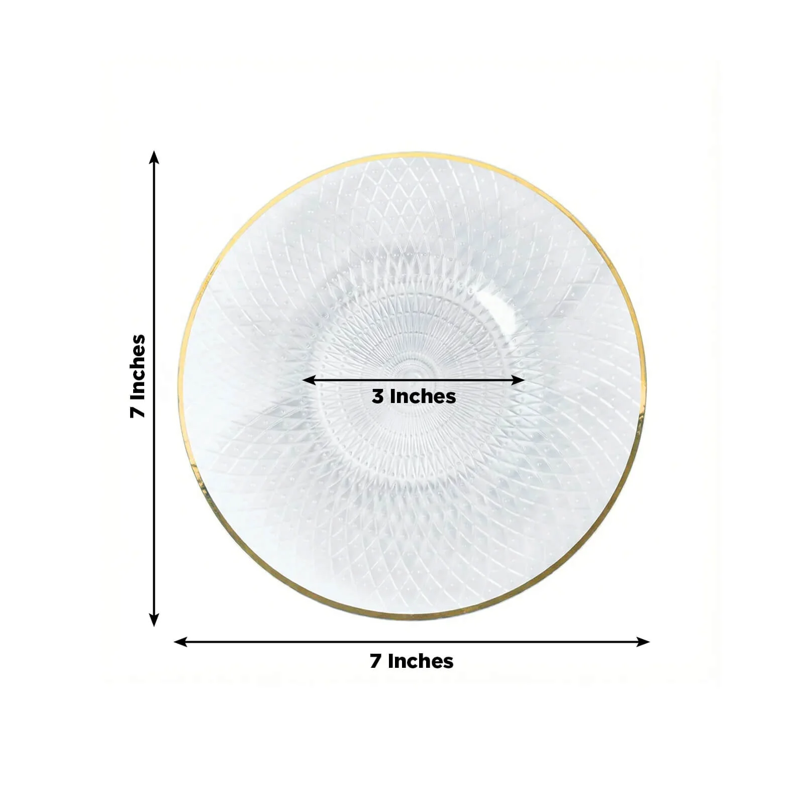 20-Pack Round Plastic Dessert Plates – Clear 7" Radial Diamond-Cut Pattern Gold Rim Salad Plates, Durable Disposable Tableware - Image 3