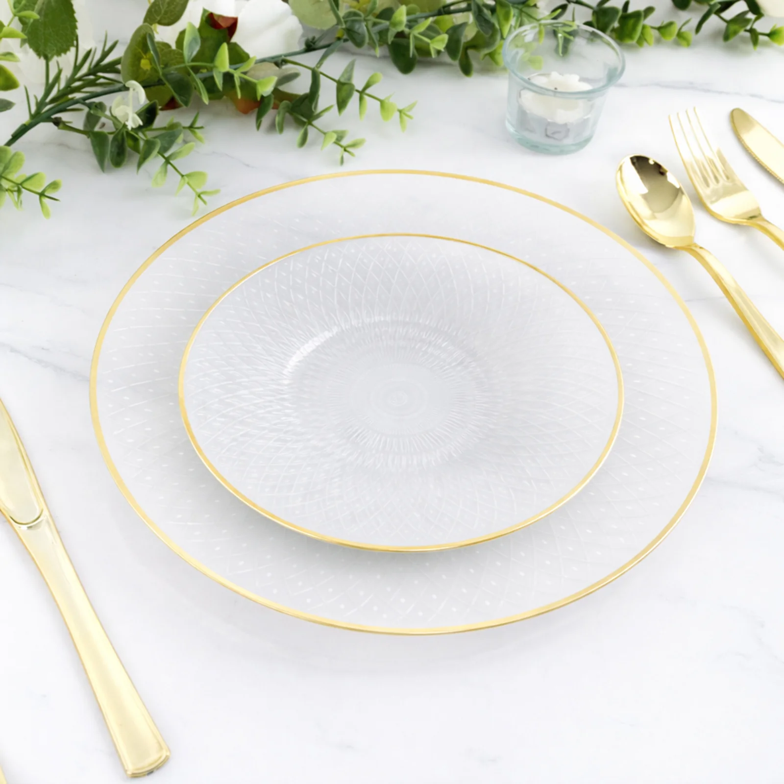 20-Pack Round Plastic Dessert Plates – Pearl White 7" Radial Diamond-Cut Pattern Gold Rim Salad Plates, Durable Disposable Tableware - Image 6
