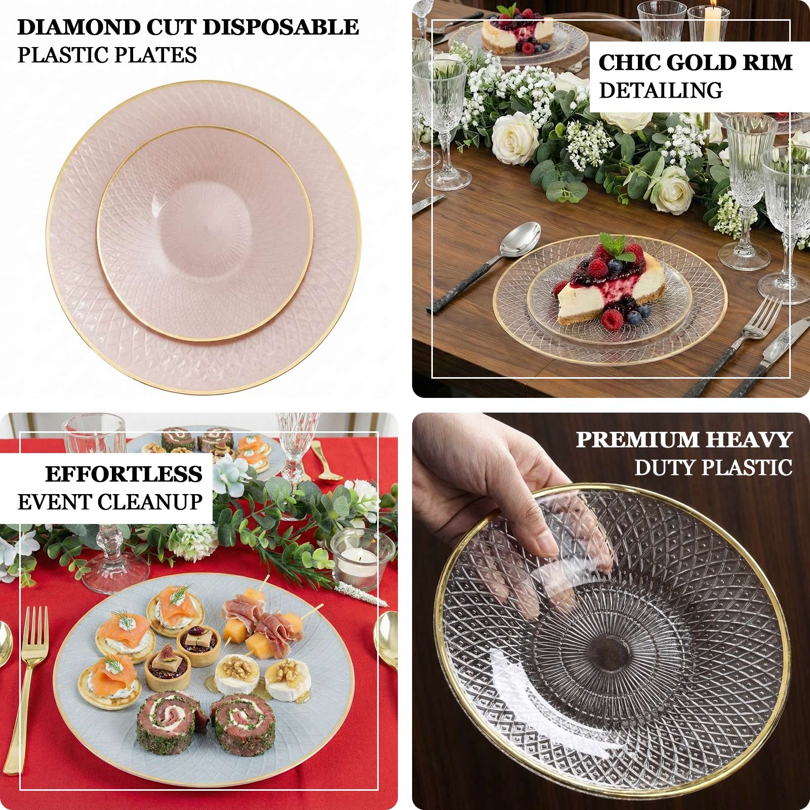 20-Pack Round Plastic Dinner Plates – Clear 10" Radial Diamond-Cut Pattern Gold Rim Party Plates, Durable Disposable Tableware - Image 4