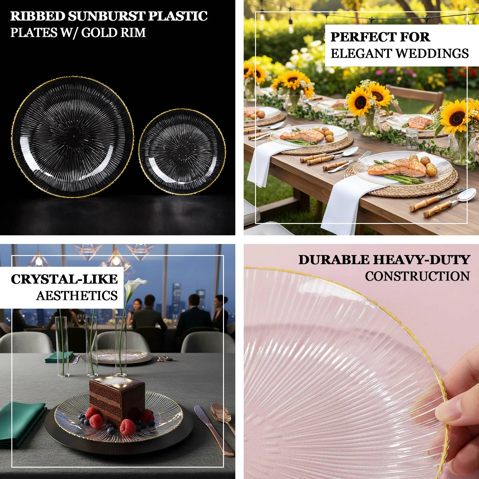20 Pack Clear Plastic Dinner Plates with Gold Rim – 10" Ribbed Sunburst Pattern – Round Disposable Party Plates - Image 4