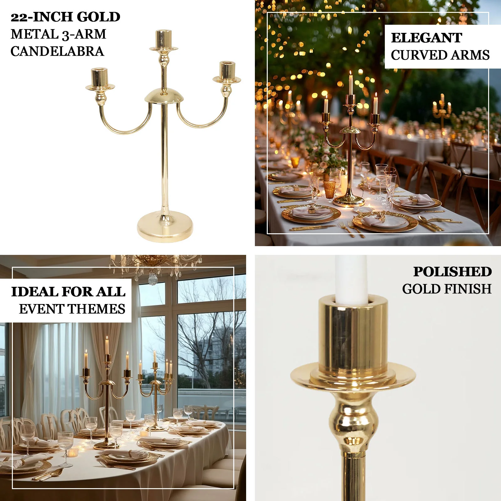 Gold 3-Arm Metal Candelabra – 22" Tall Modern Taper Candle Holder Centerpiece Stand - Image 4