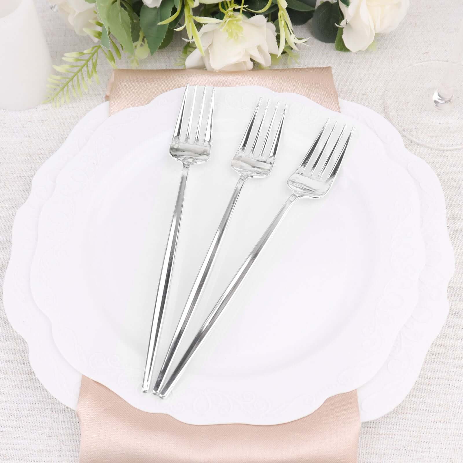 24 Pack Glossy Silver Heavy Duty Plastic Silverware Forks, Shiny Cutlery, Premium Disposable Flatware 8" - Image 8