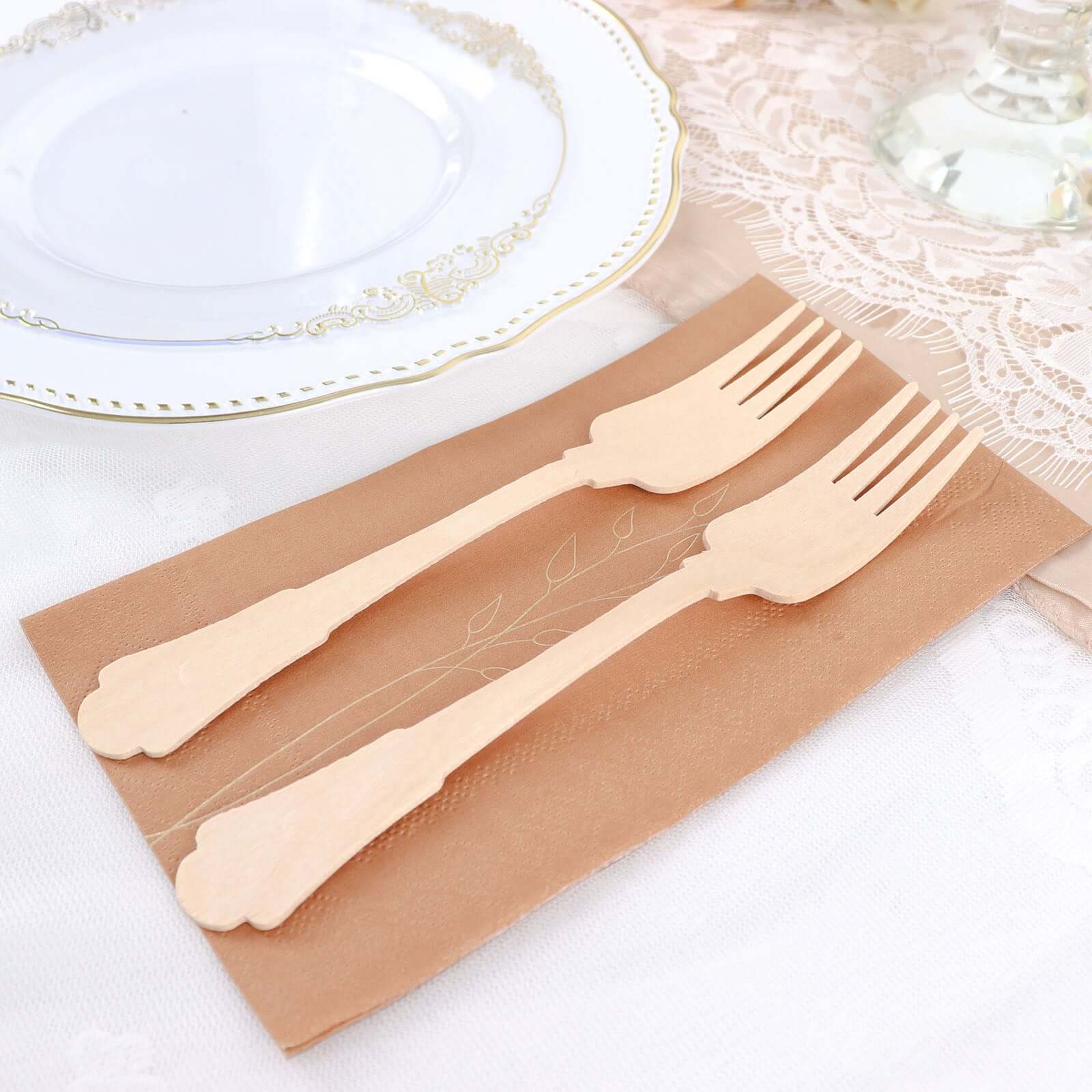 24-Pack Birchwood Forks 7.5" Natural Vintage Baroque Design - Eco-Friendly Disposable Wooden Cutlery for BBQs, Picnics & Rustic-Themed Events