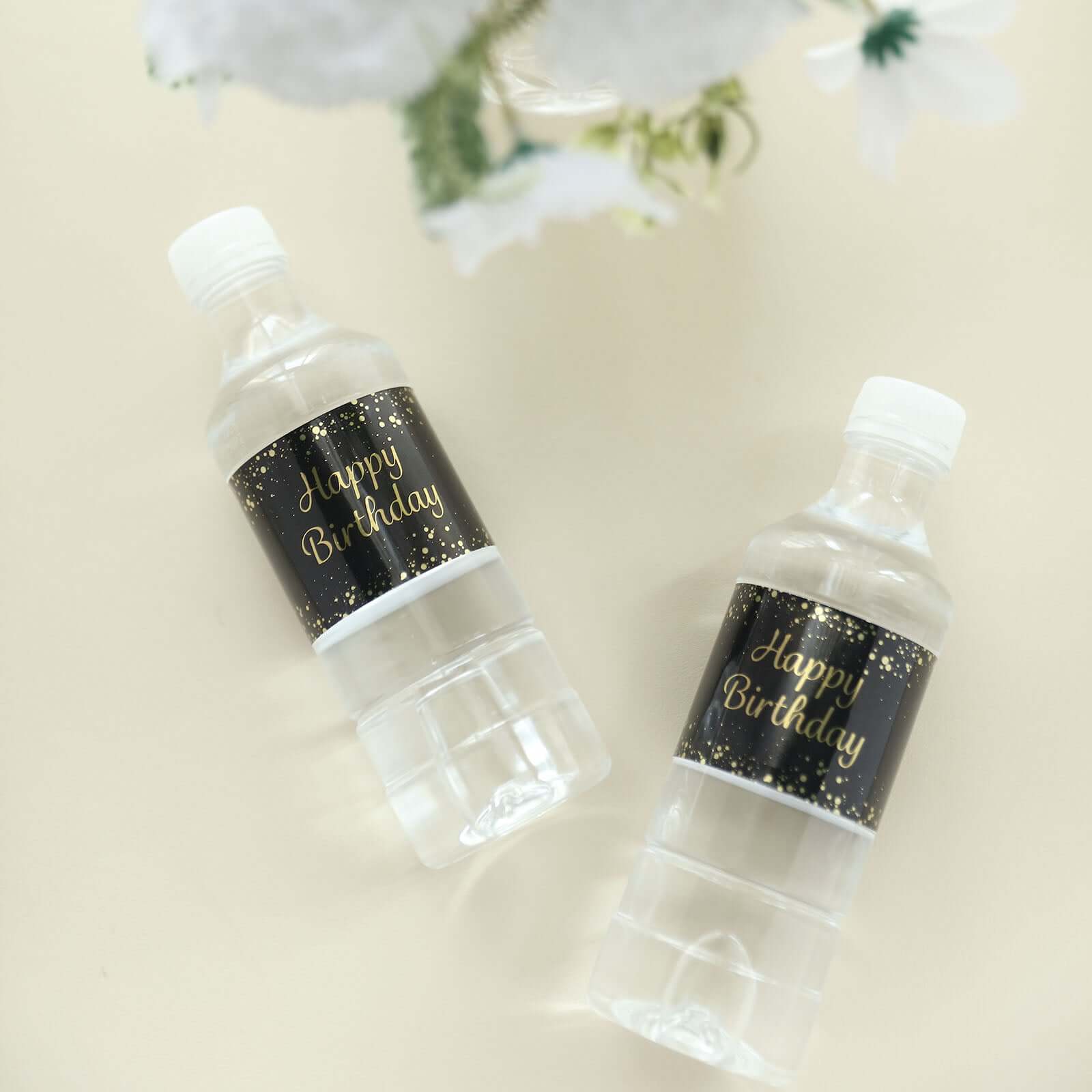24 Pack Black/Gold Water Bottle Labels with Happy Birthday Print, Waterproof Bottle Stickers - Image 10
