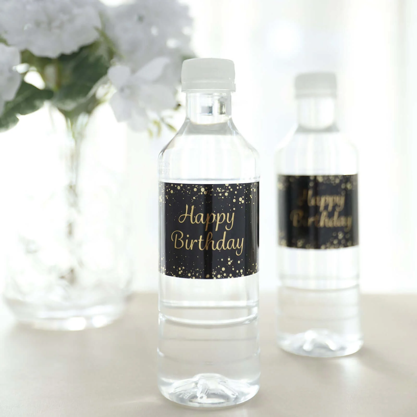 24 Pack Black/Gold Water Bottle Labels with Happy Birthday Print, Waterproof Bottle Stickers - Image 11