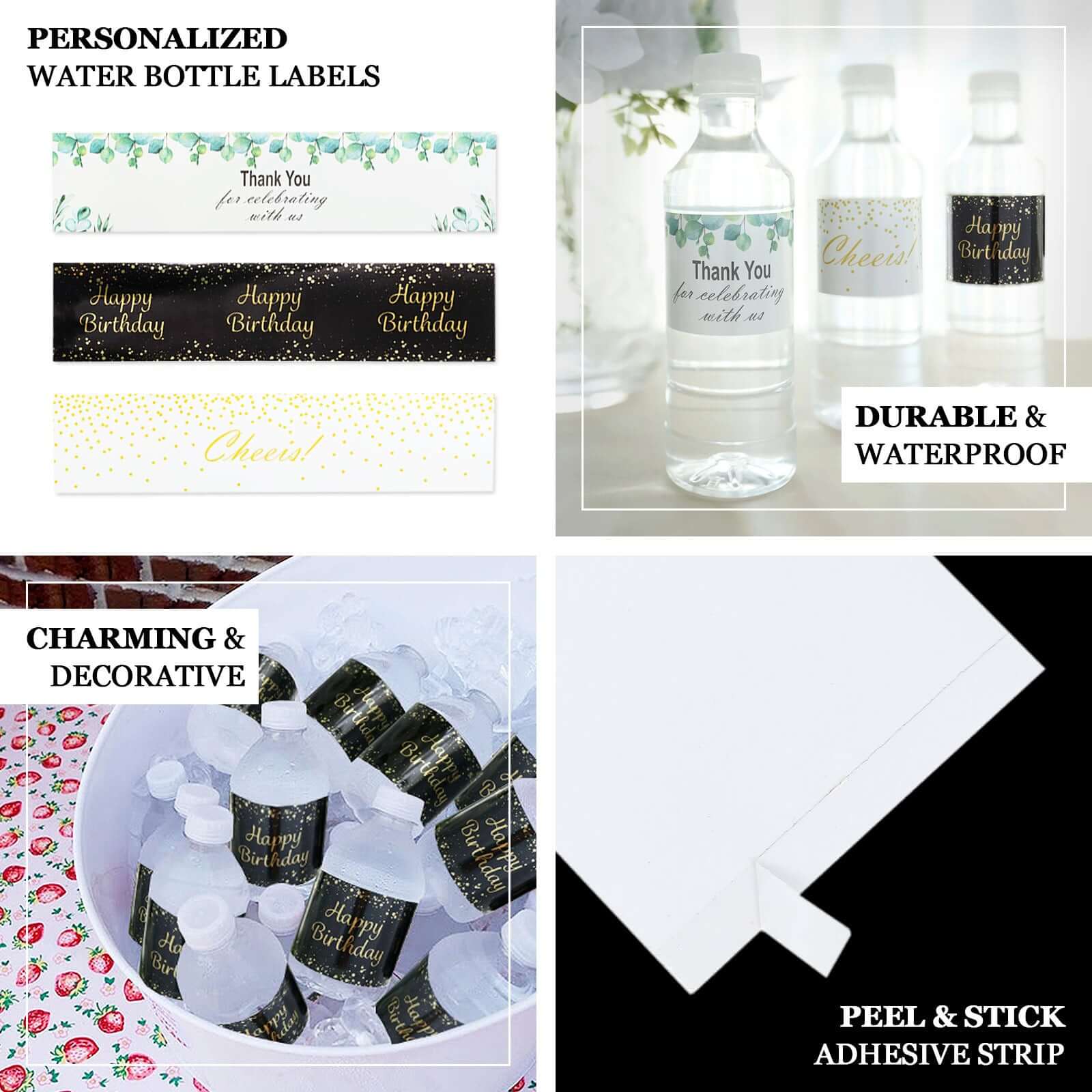24 Pack Black/Gold Water Bottle Labels with Happy Birthday Print, Waterproof Bottle Stickers - Image 4