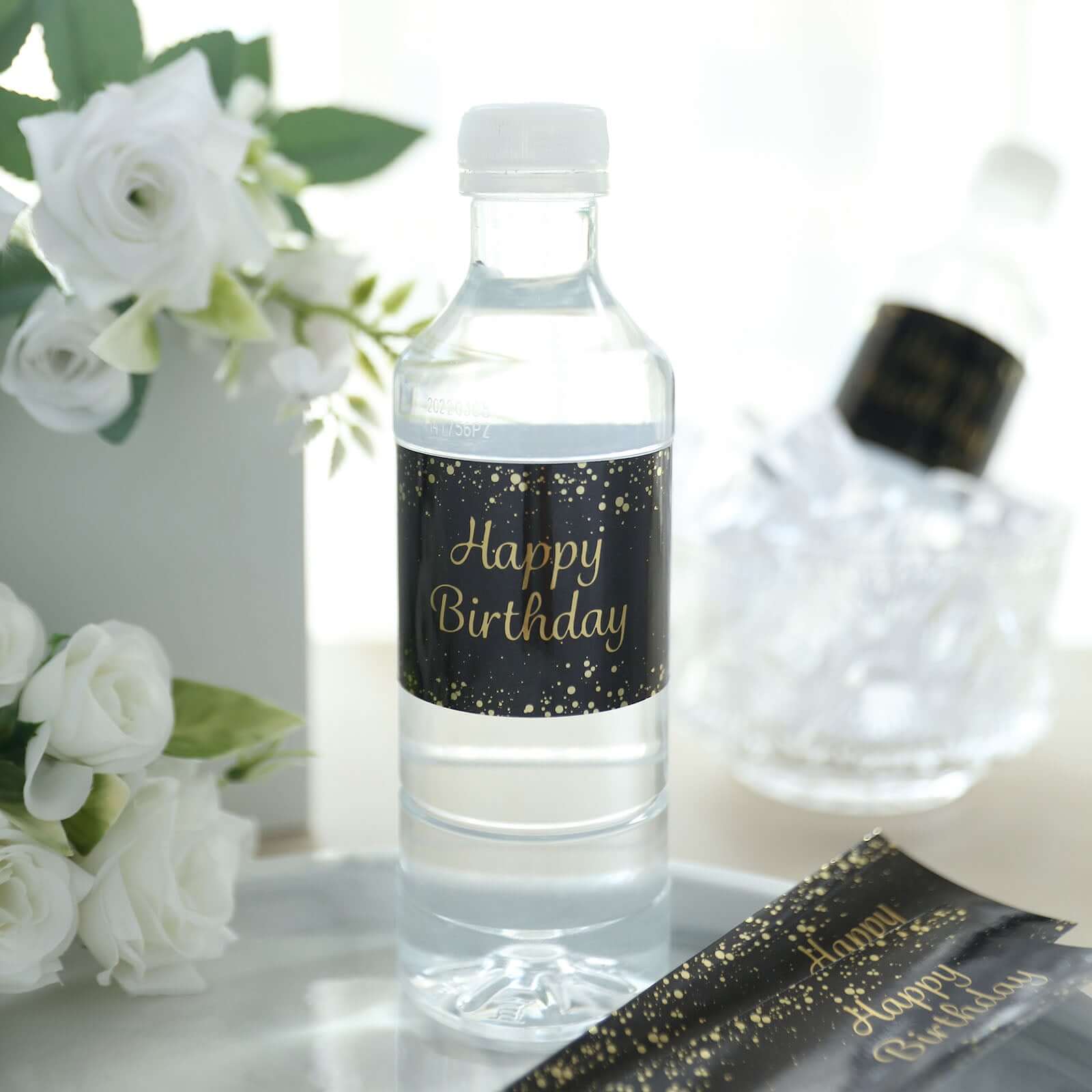 24 Pack Black/Gold Water Bottle Labels with Happy Birthday Print, Waterproof Bottle Stickers - Image 6