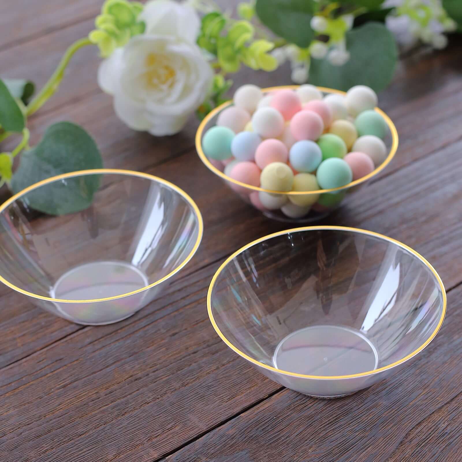 24-Pack Clear Heavy Duty Plastic Dessert Bowls 7oz, Premium Disposable Ice Cream Party Bowls with Gold Rim - Durable and Stylish Design