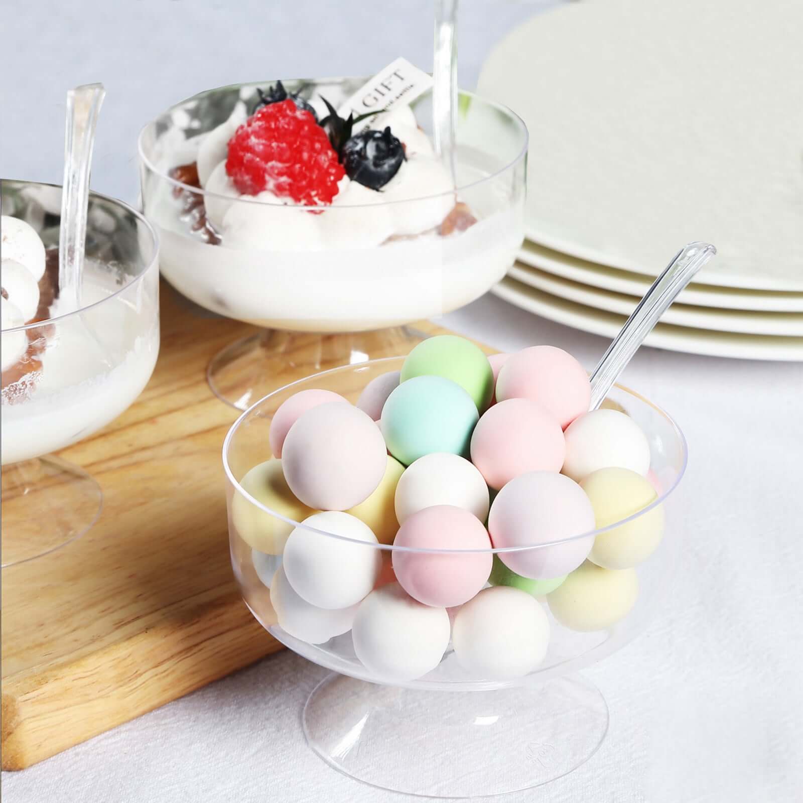 24-Pack Crystal Clear Footed Plastic Dessert Cups 6oz, Tasting Spoon Set Included - Disposable Appetizer Parfait Cups - Image 2